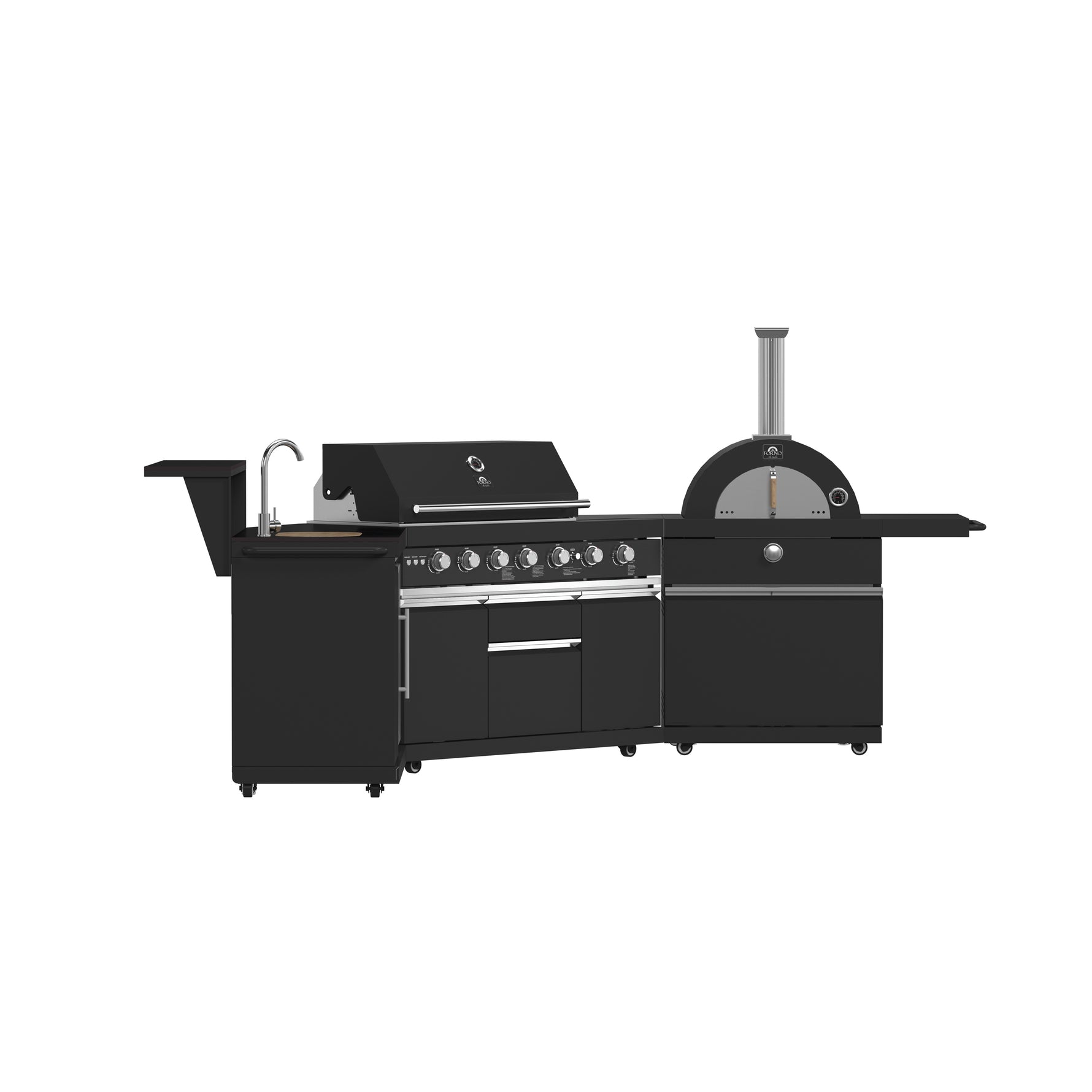 Forno All’Aperto 87,600 BTU Outdoor Kitchen, 4 Burners, Infrared Burners, Side Burner, Black Sintered Stone Countertops, Gas Pizza Oven, Sink Module, Bar & Beverage Center - BonPrix Électroménagers