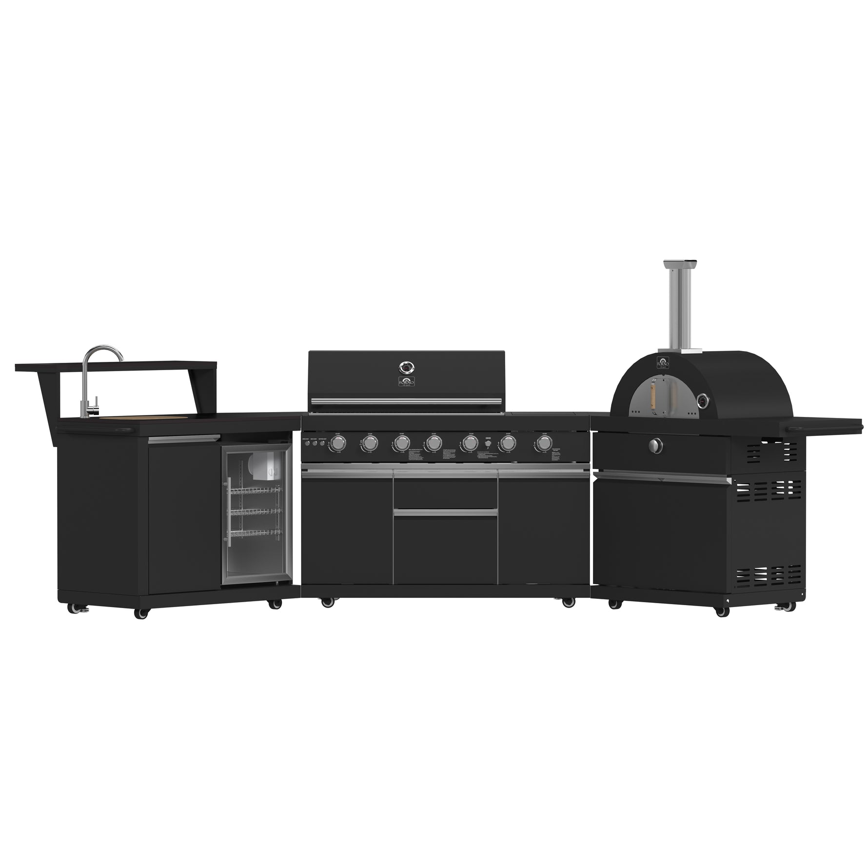 Forno All’Aperto 87,600 BTU Outdoor Kitchen, 4 Burners, Infrared Burners, Side Burner, Black Sintered Stone Countertops, Gas Pizza Oven, Sink Module, Bar & Beverage Center - BonPrix Électroménagers