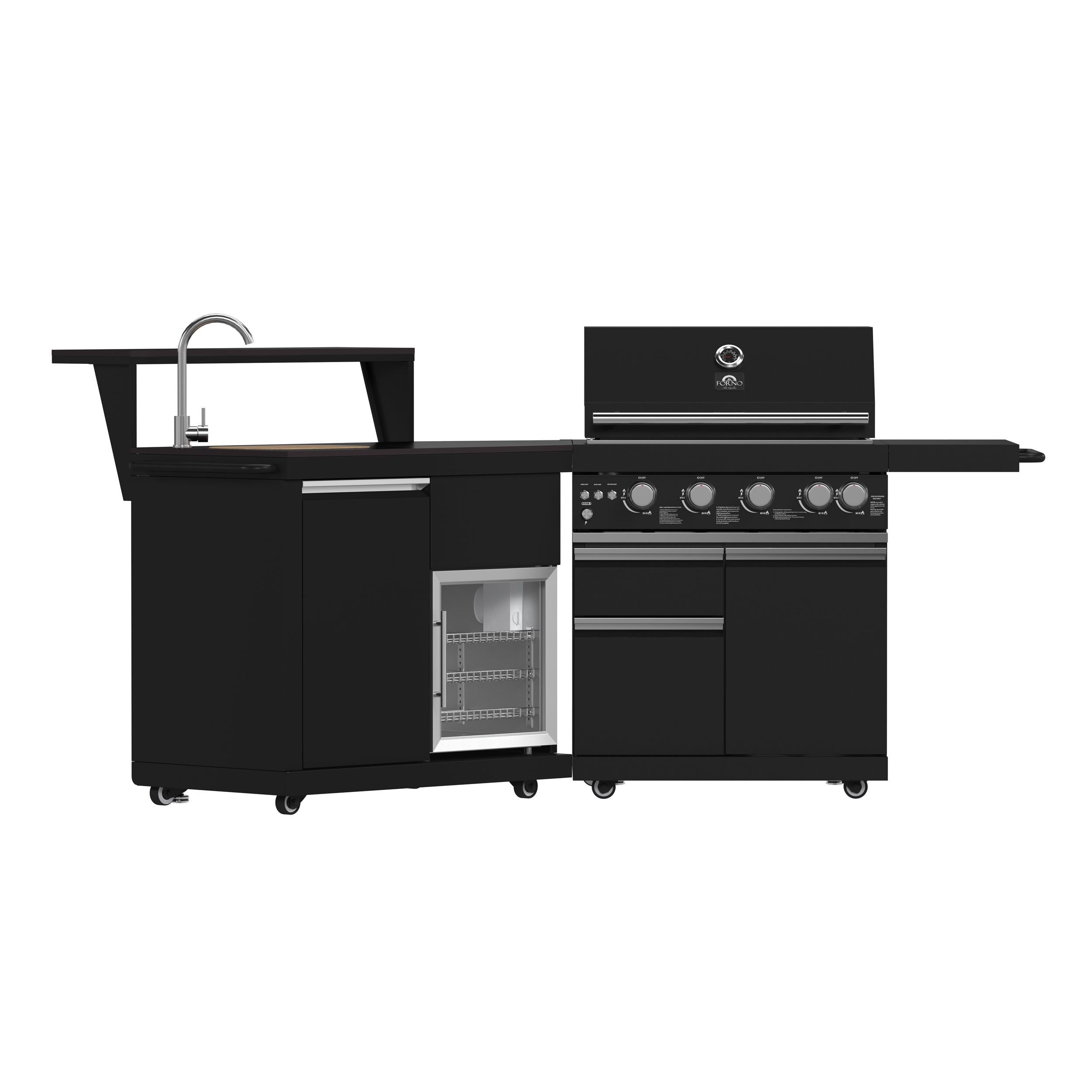 Forno All’Aperto 62,600 BTU BBQ, 3 Stainless Steel Burners, Infrared Burners, Sink Module, Black Sintered Stone Countertops, Bar and Beverage Center - BonPrix Électroménagers