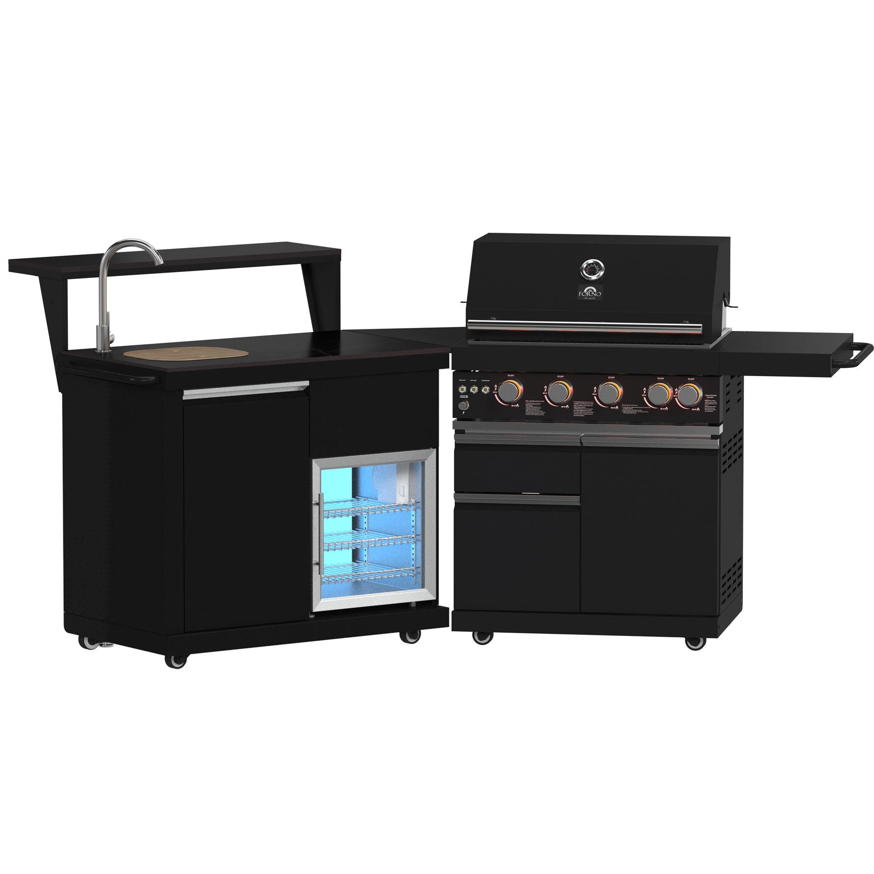 Forno All’Aperto 62,600 BTU BBQ, 3 Stainless Steel Burners, Infrared Burners, Sink Module, Black Sintered Stone Countertops, Bar and Beverage Center - BonPrix Électroménagers