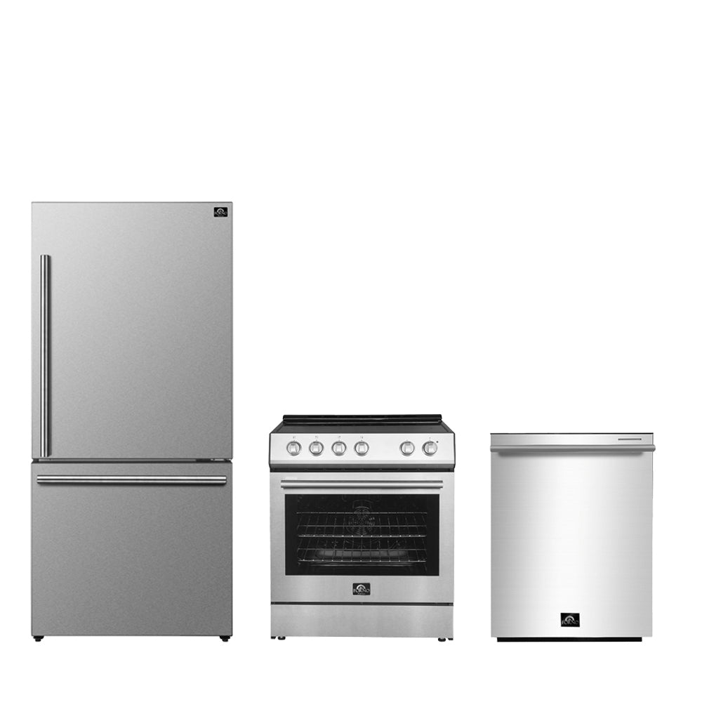 FORNO Premium 3-Piece Kitchen Bundle - Leonardo Espresso 30" Stainless Steel Range, 31" Stainless Steel Bottom Freezer Refrigerator, 24" Stainless Steel Dishwasher - FBDL-007-01CA - BonPrix Électroménagers