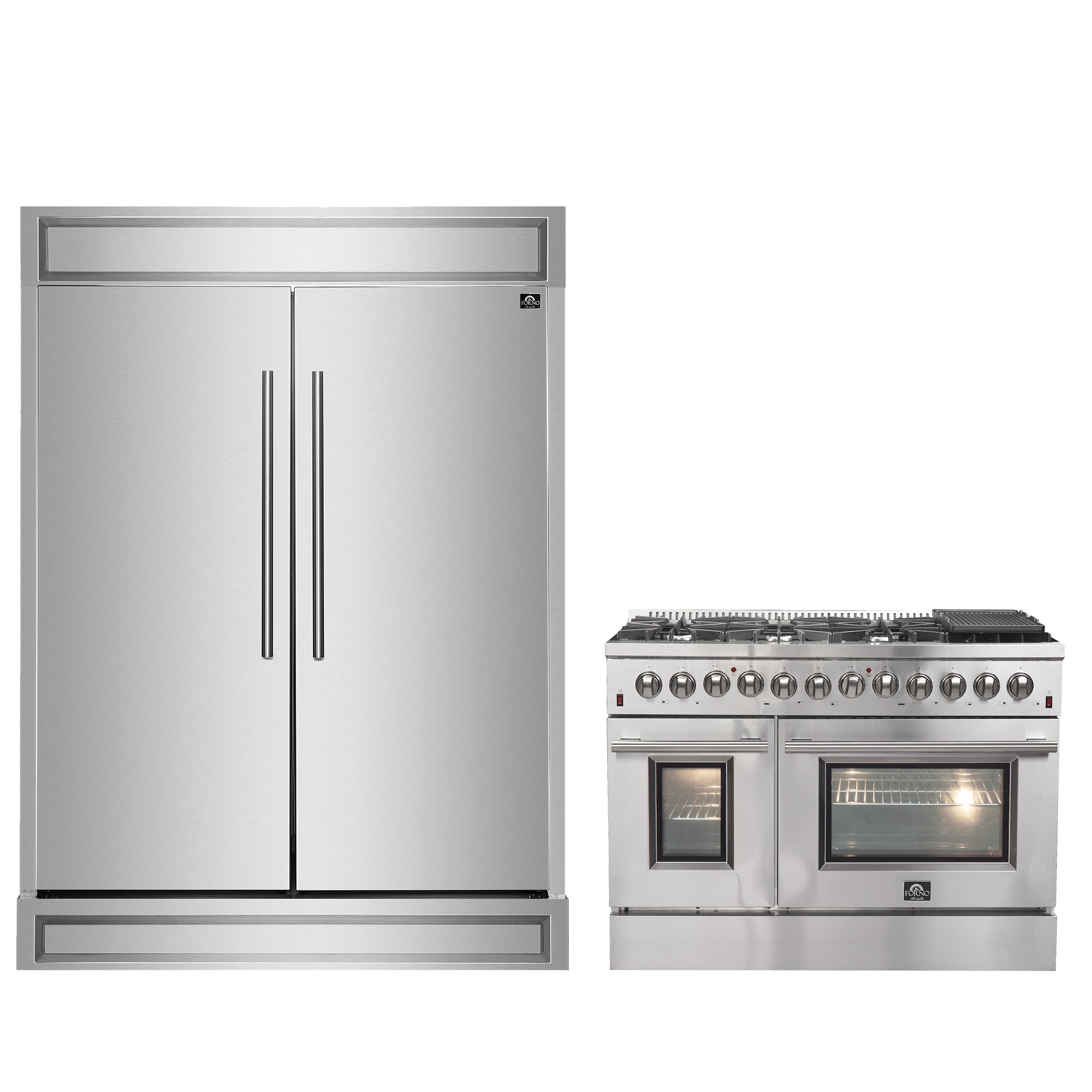 FORNO Premium 2-Piece Kitchen Bundle - Galiano 48" Stainless Steel Dual Fuel Range, Forno Maderno 2-28 " Wide Units with Decorative Trim - FBDL-017-03CAUS - BonPrix Électroménagers
