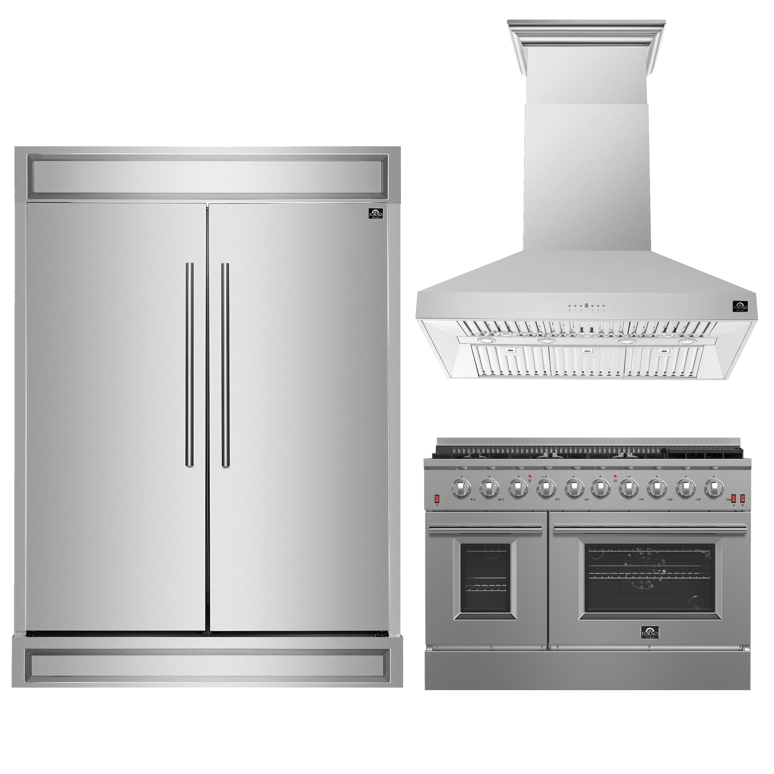 FORNO Premium 3-Piece Kitchen Bundle - FORNO Galiano 48" Freestanding Gas Range, FORNO Maderno 60" 2-Piece Convertible Refrigerator/Freezer Built-In with Decorative Grill Trim, 27.2 cu.ft., FORNO Orvieto 48" Wall Mount Range Hood - FBDL-018-04CAUS - BonPrix Électroménagers