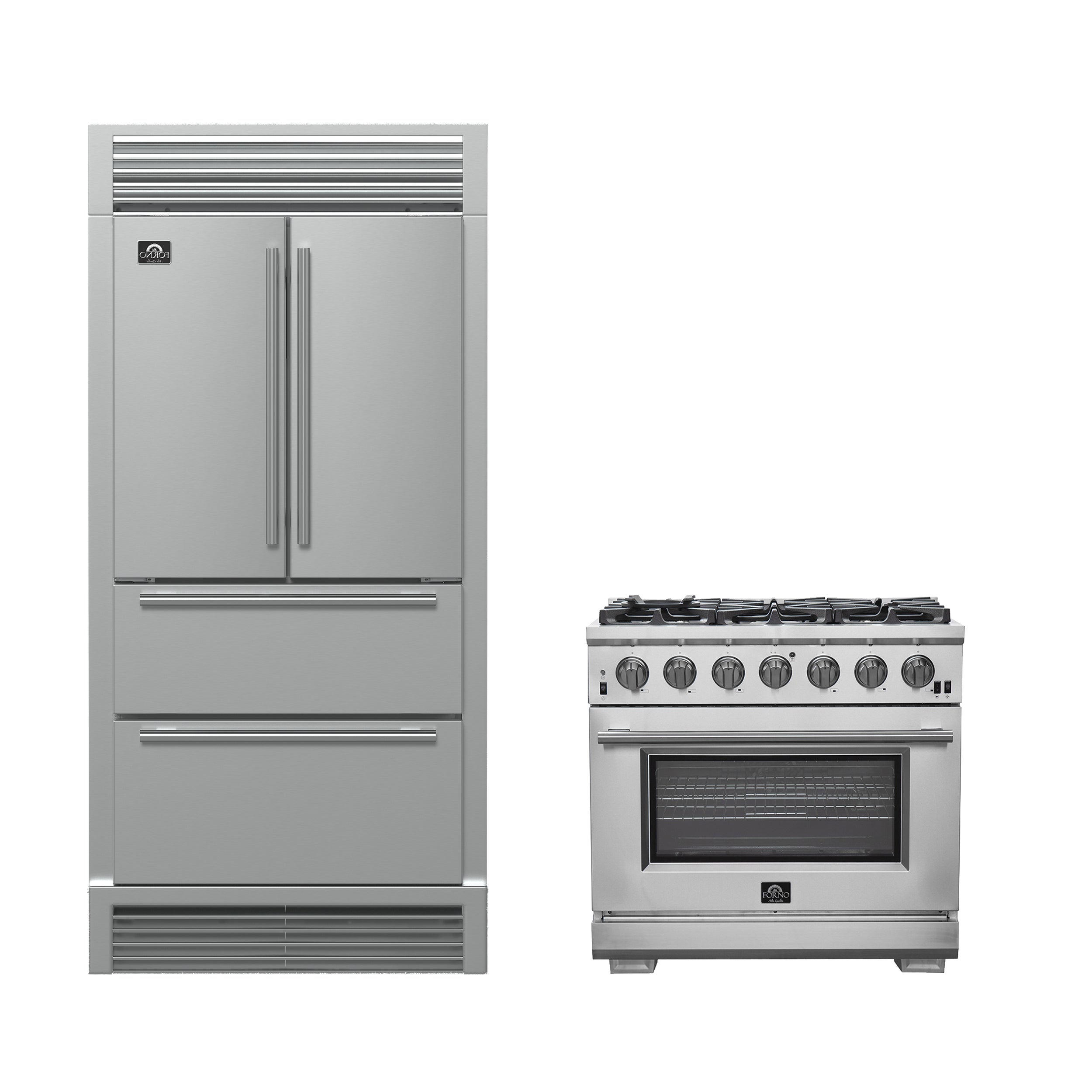 FORNO Premium 2-Piece Kitchen Bundle - Galiano 36" Stainless Steel Range, Forno Moena 36" French Door 19.2 cu. ft Stainless Steel Refrigerator, with Decorative Grill - 40" Wide - FBDL-019-03CAUS - BonPrix Électroménagers