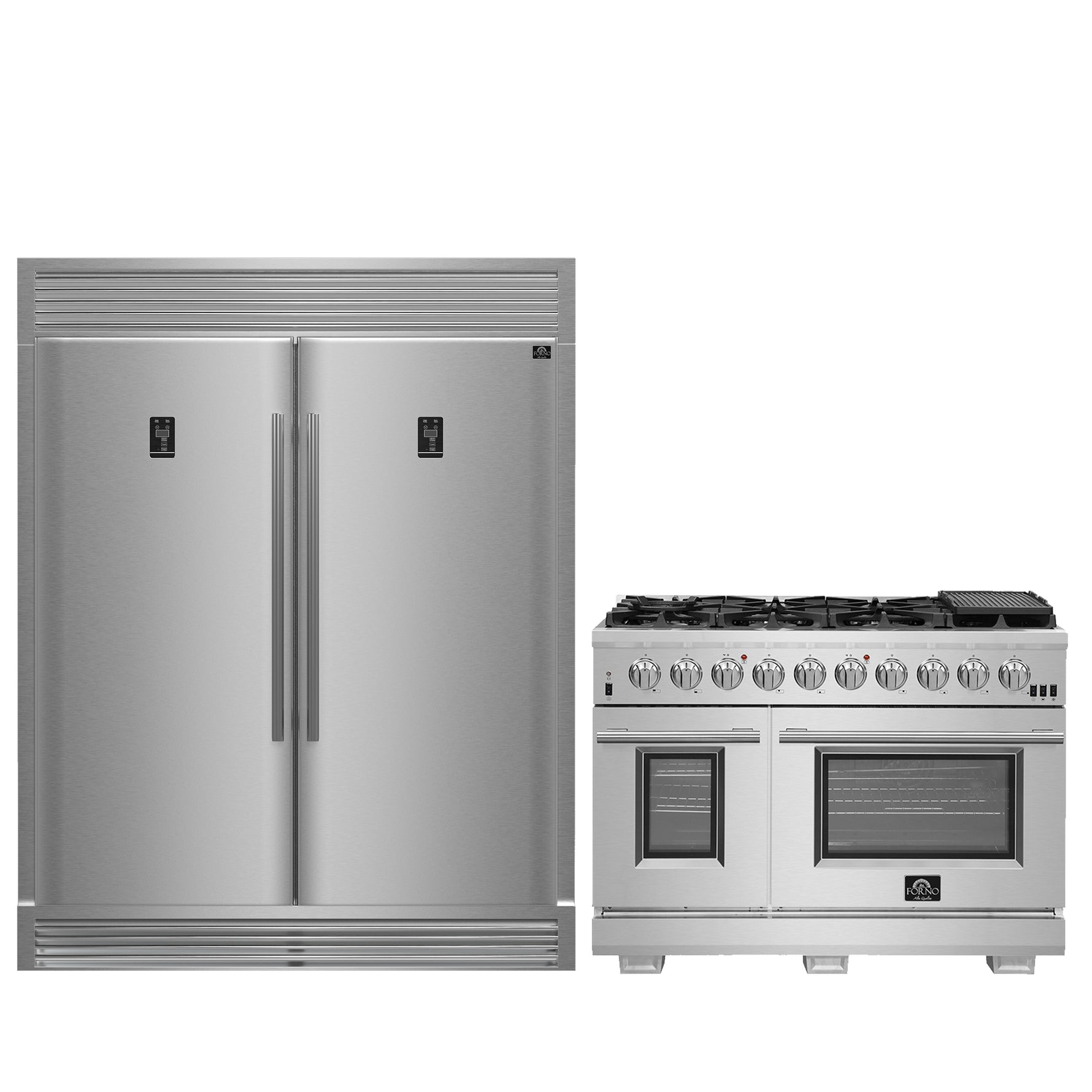FORNO Premium 2-Piece Kitchen Bundle - Capriasca 48" Stainless Steel Range, Rizzuto 60" W. Dual Combo Convertible Refrigerator - FBDL-019-04CAUS - BonPrix Électroménagers