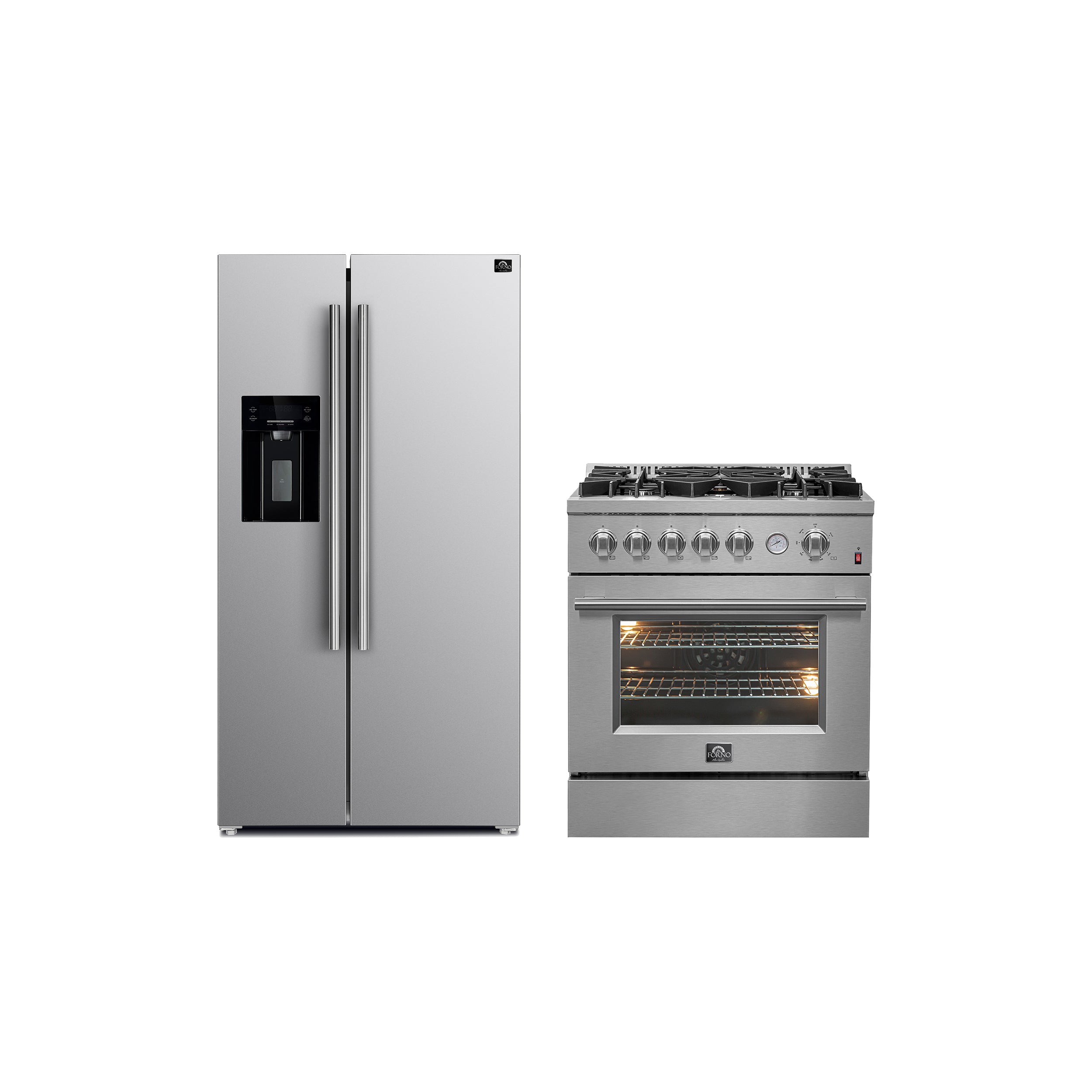 FORNO Premium 2-Piece Kitchen Bundle - Giovanni 30-inch Gas Range Stainless Steel, Forno Salerno 36" Side by Side Stainless Steel Refrigerator 20 cu.ft - FBDL-020-03CAUS - BonPrix Électroménagers