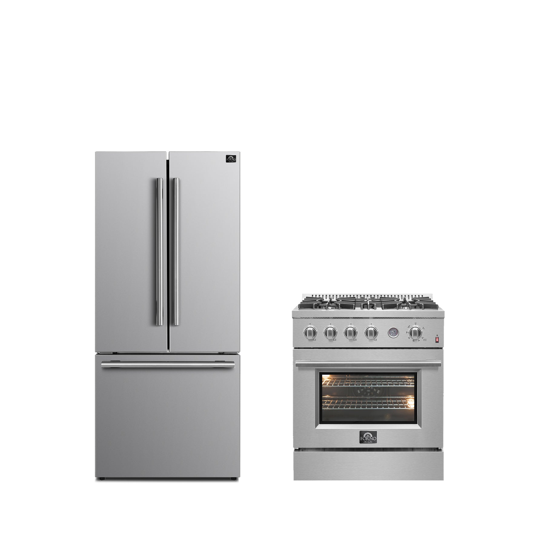 FORNO Premium 2-Piece Kitchen Bundle - Marco 30-inch Gas Range Stainless Steel, Forno Gallipoli 30" French Door Refrigerator with Bottom Freezer 17.5 cu. ft Capacity - FBDL-021-02CAUS - BonPrix Électroménagers