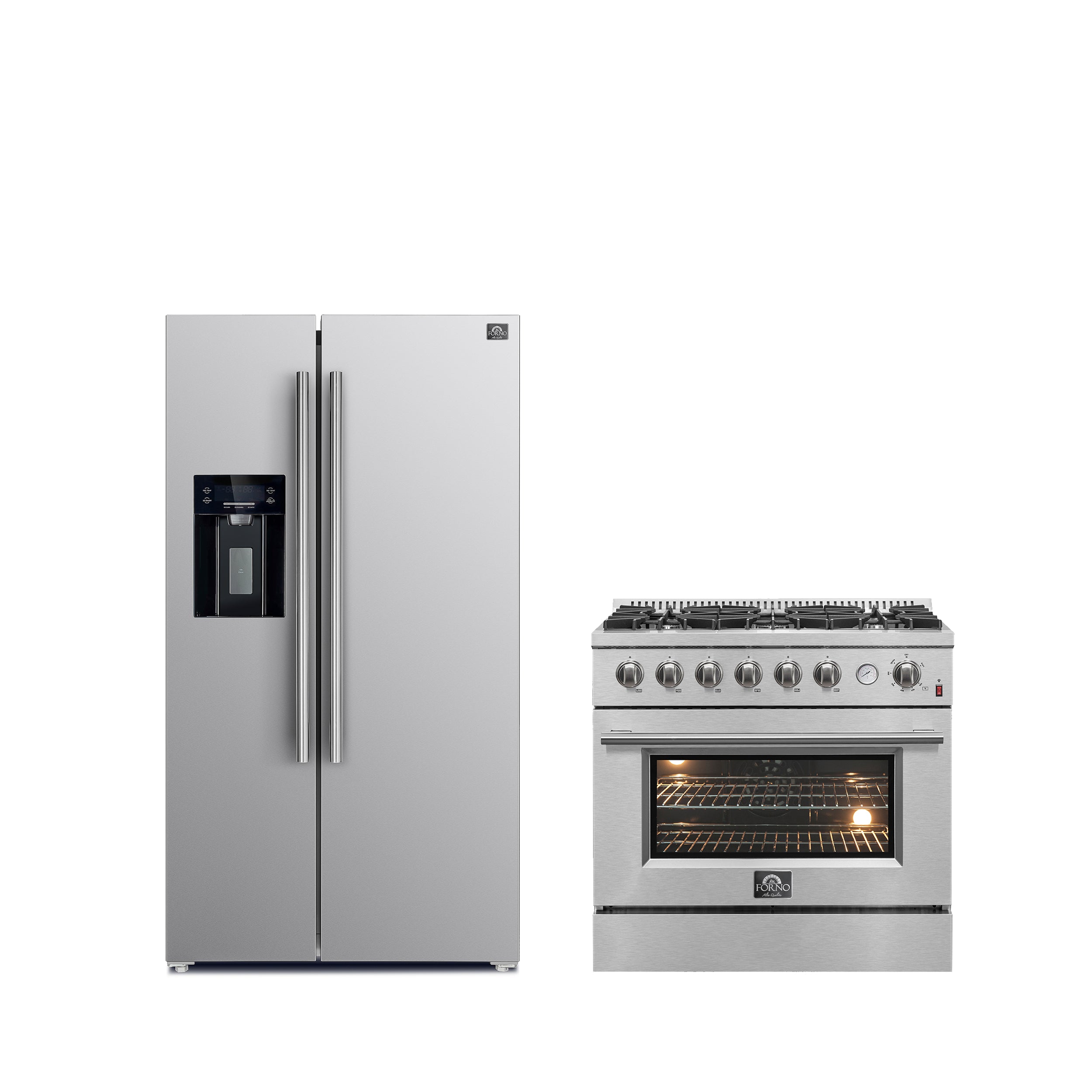 FORNO Premium 2-Piece Kitchen Bundle -Marco 30-inch Gas Range Stainless Steel, Forno Salerno 36" Side by Side Stainless Steel Refrigerator 20 cu.ft - FBDL-021-03CAUS - BonPrix Électroménagers