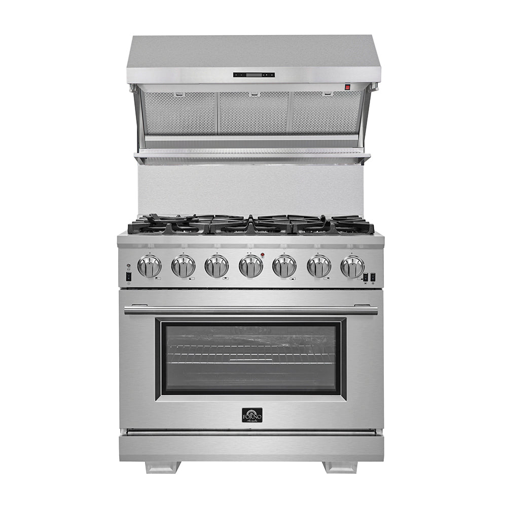 Forno Capriasca 36-Inch Gas Range, Stainless Steel, 6 Brass Burners, 120,000 BTU, Convection Oven, Energy Efficient - BonPrix Électroménagers