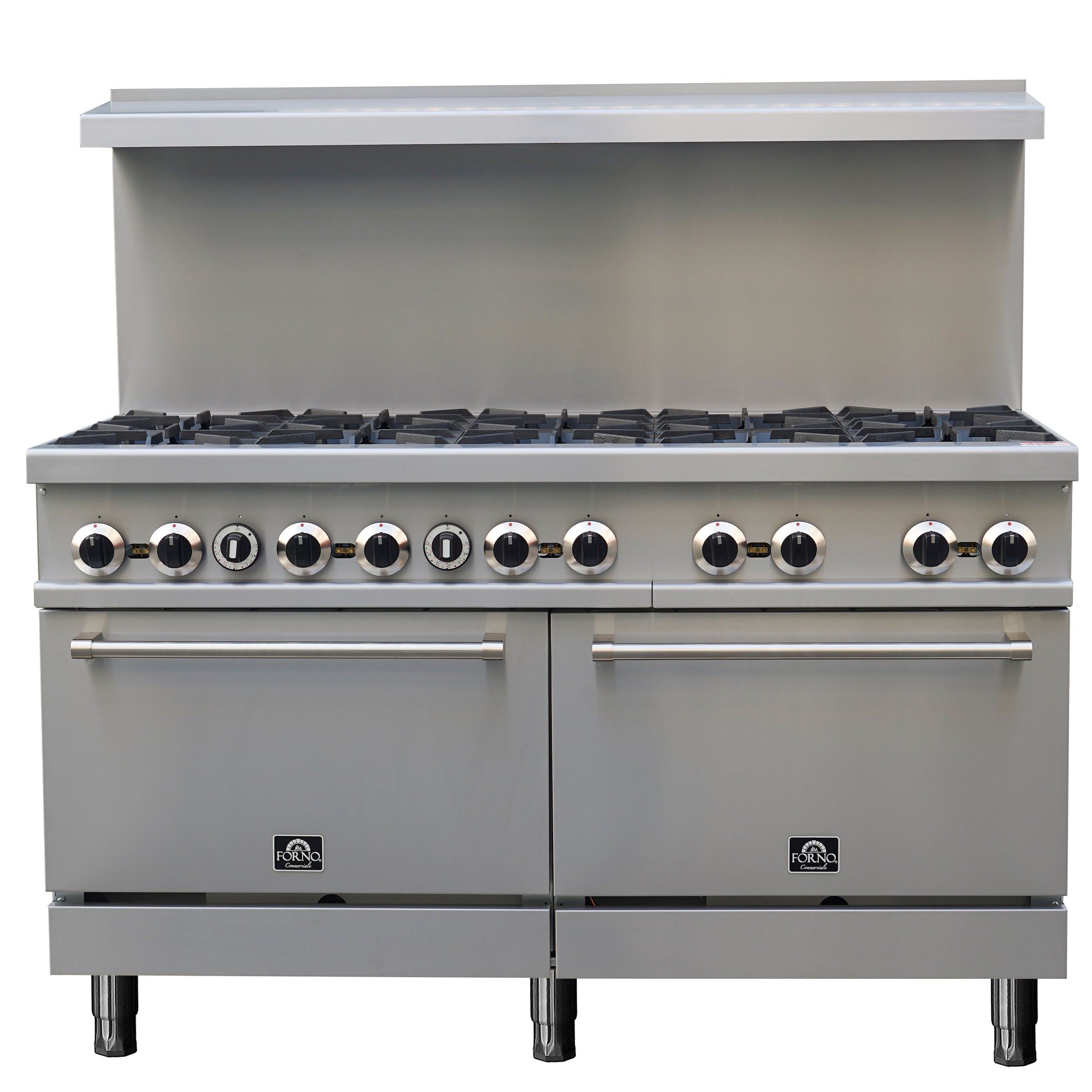Forno Commerciale 60 Inch Stainless Steel Gas Range, 10 Burners 300,000 BTU Total, 9.3 cu.ft. Ovens - BonPrix Électroménagers