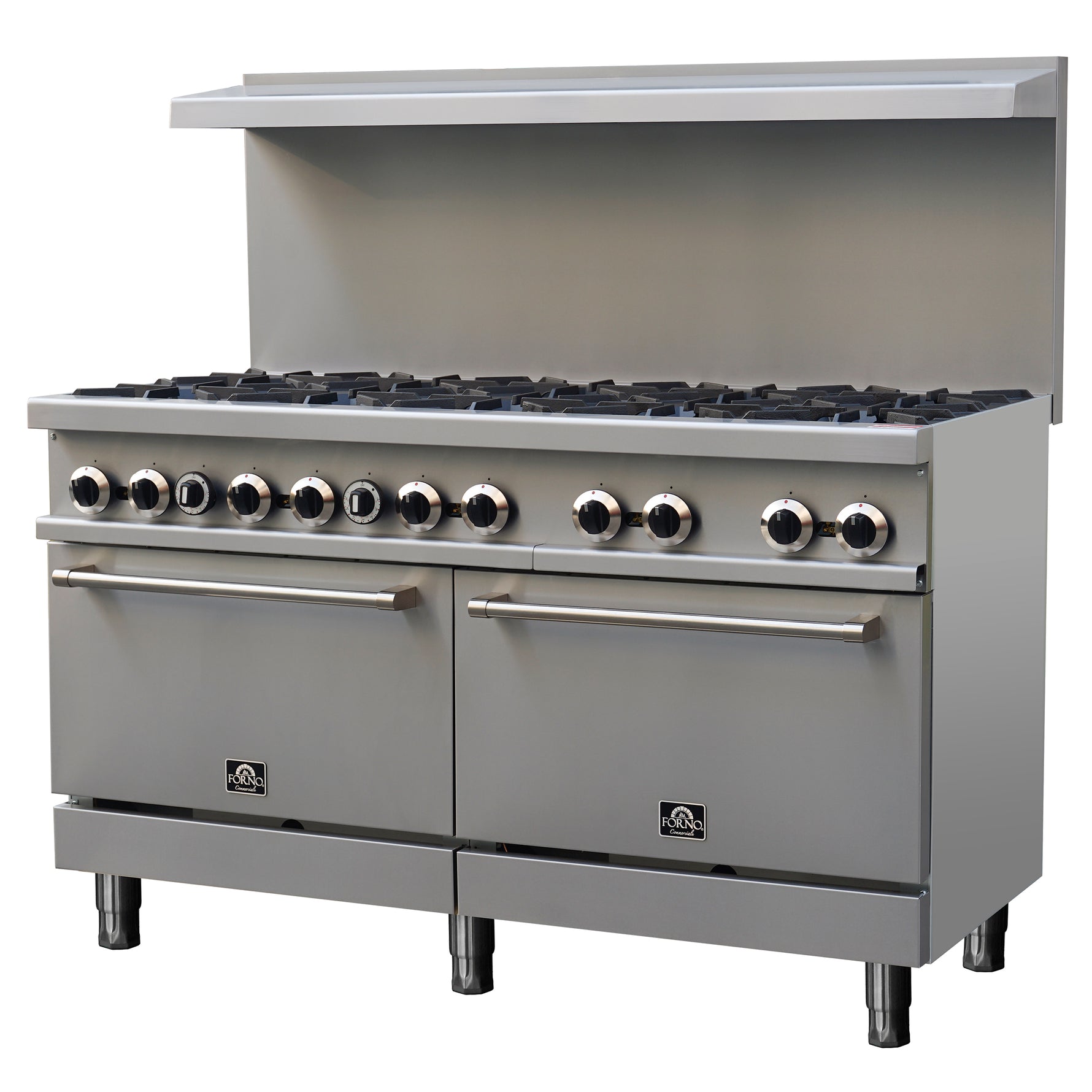 Forno Commerciale 60 Inch Stainless Steel Gas Range, 10 Burners 300,000 BTU Total, 9.3 cu.ft. Ovens - BonPrix Électroménagers