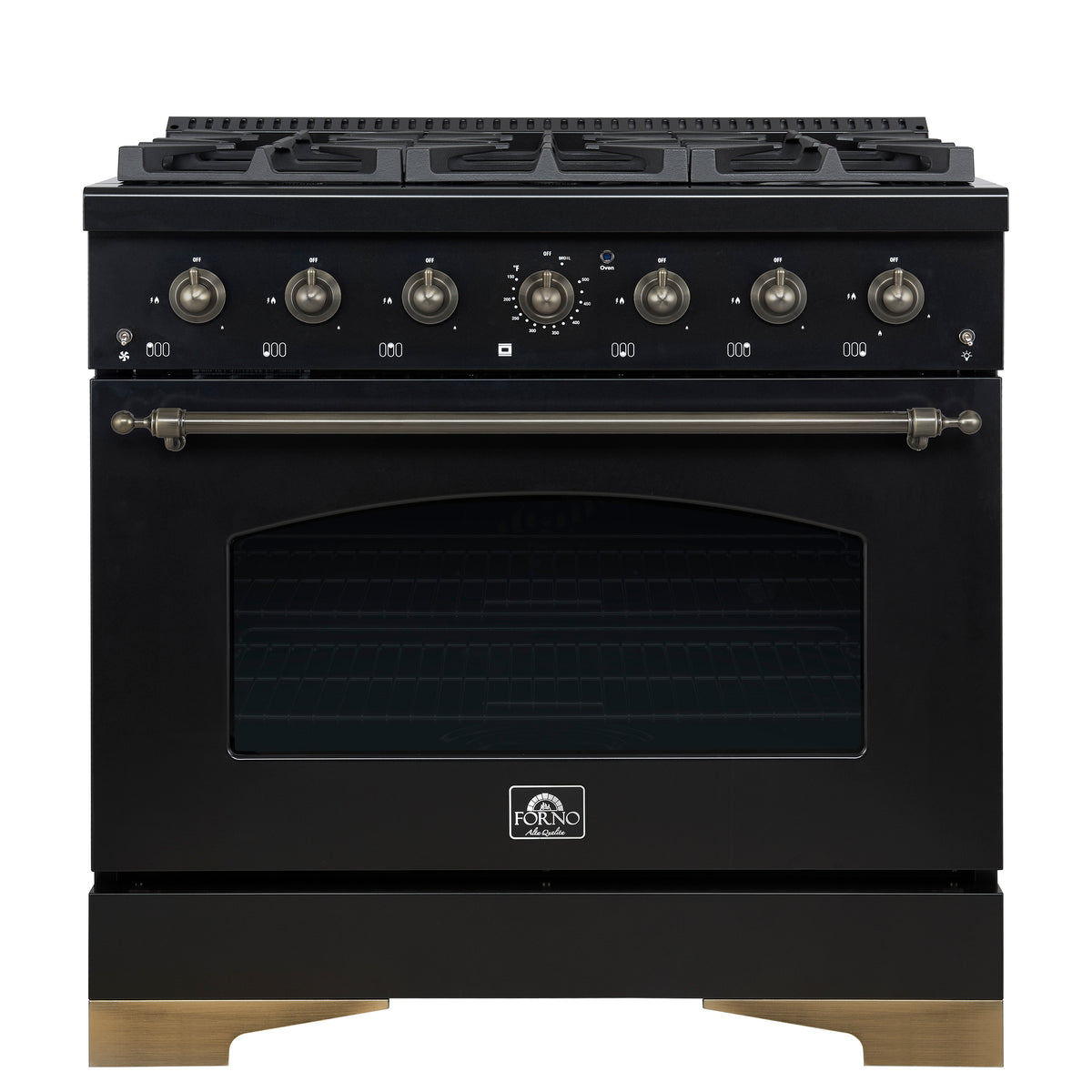 Forno Antico Cuisinière à Double Combustible de 36 pouces, Noir et Laiton Antique, 6 Brûleurs, Four à Convection de 4,5 pi³
