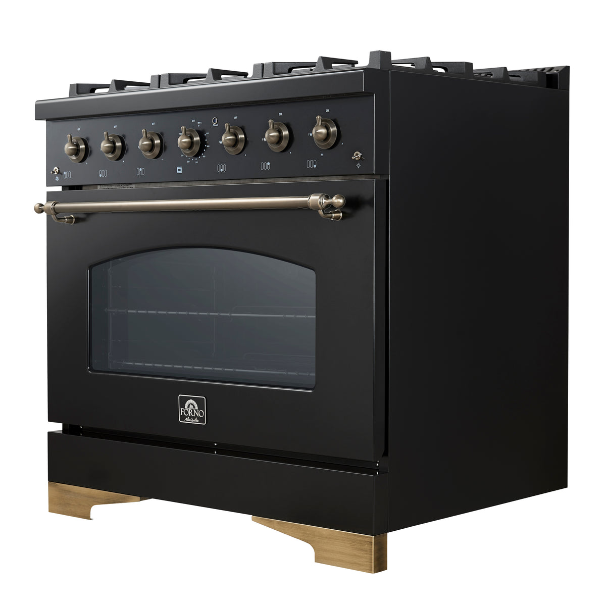 Forno Antico Cuisinière à Double Combustible de 36 pouces, Noir et Laiton Antique, 6 Brûleurs, Four à Convection de 4,5 pi³