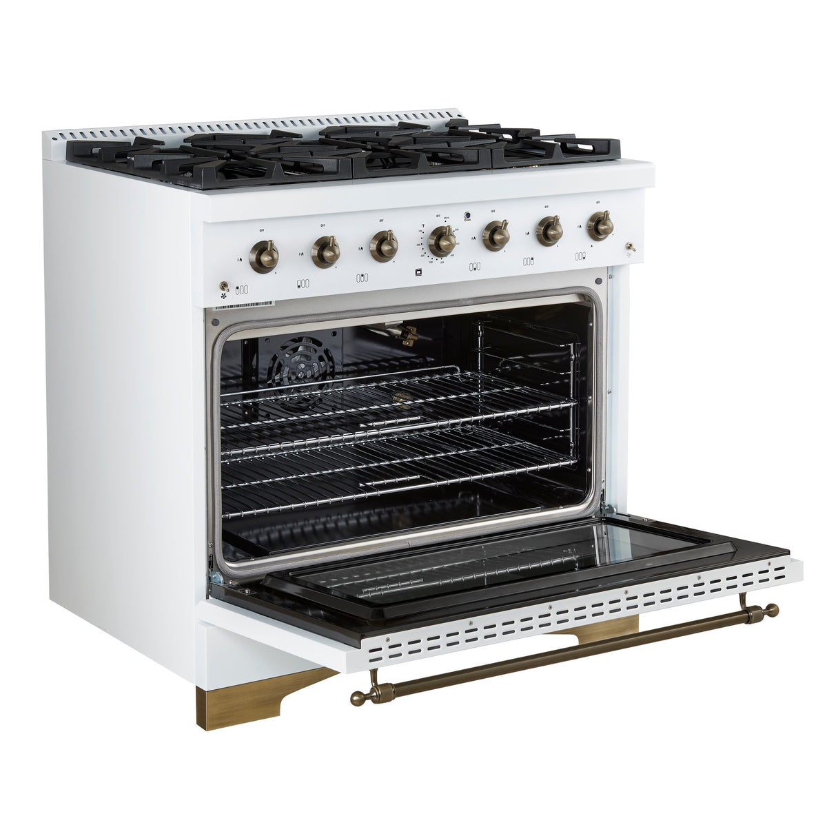 Forno Antico Cuisinière à Double Combustible de 36 pouces Design Blanc et Laiton Antique avec 6 Brûleurs à Gaz Scellés et Four à Convection Électrique