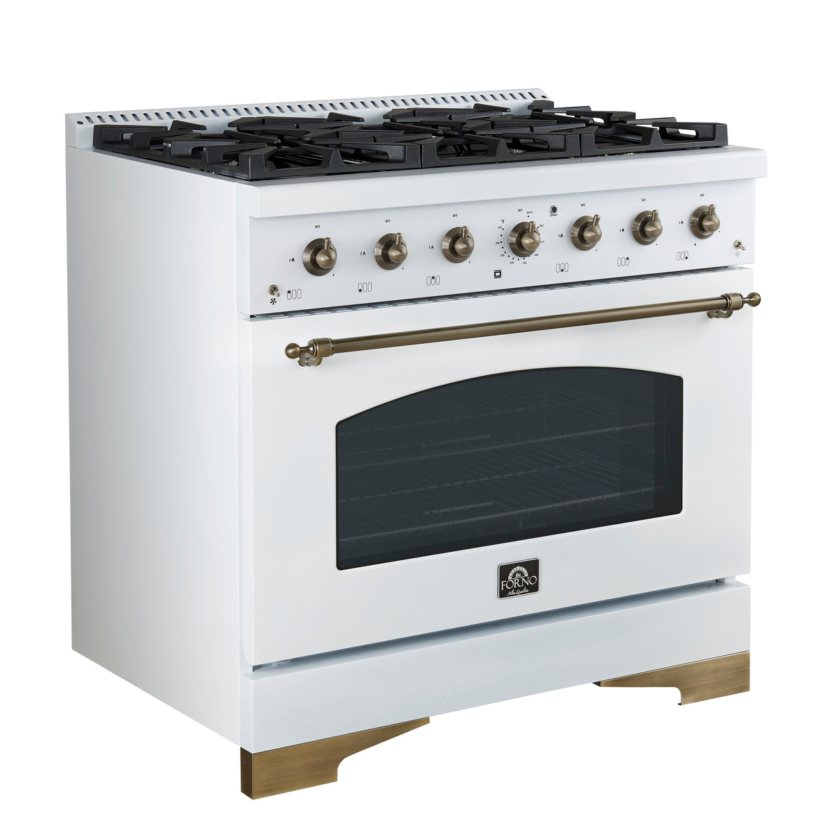 Forno Antico Cuisinière à Double Combustible de 36 pouces Design Blanc et Laiton Antique avec 6 Brûleurs à Gaz Scellés et Four à Convection Électrique