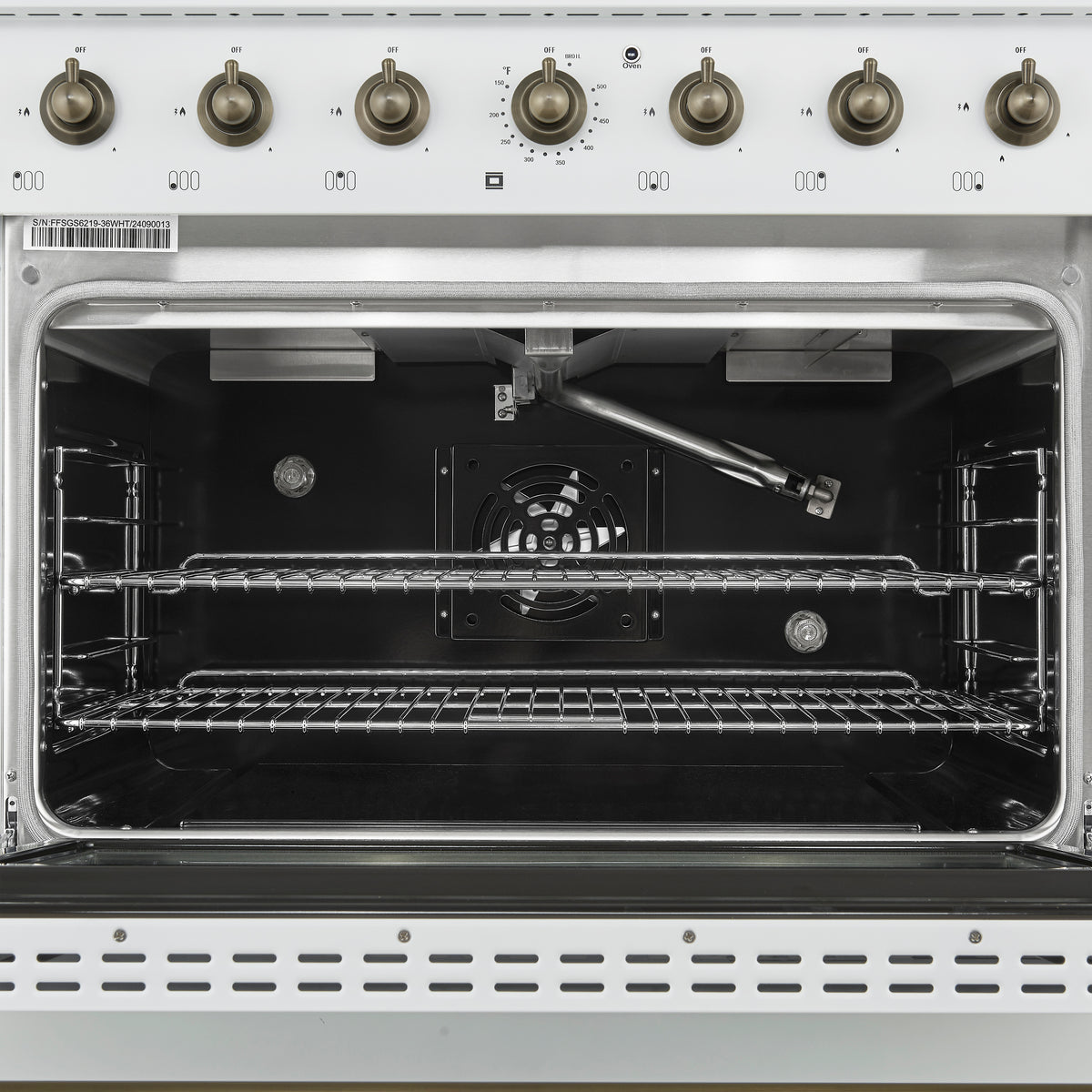 Forno Antico Cuisinière à Double Combustible de 36 pouces Design Blanc et Laiton Antique avec 6 Brûleurs à Gaz Scellés et Four à Convection Électrique