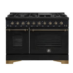Forno Antico Cuisinière à Double Combustible de 48 Pouces, Noir avec Finition en Laiton Antique, 8 Brûleurs, 94 000 BTU, 5,5 pi³. Fours Doubles & Plaque de Cuisson