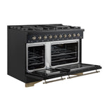 Forno Antico Cuisinière à Double Combustible de 48 Pouces, Noir avec Finition en Laiton Antique, 8 Brûleurs, 94 000 BTU, 5,5 pi³. Fours Doubles & Plaque de Cuisson