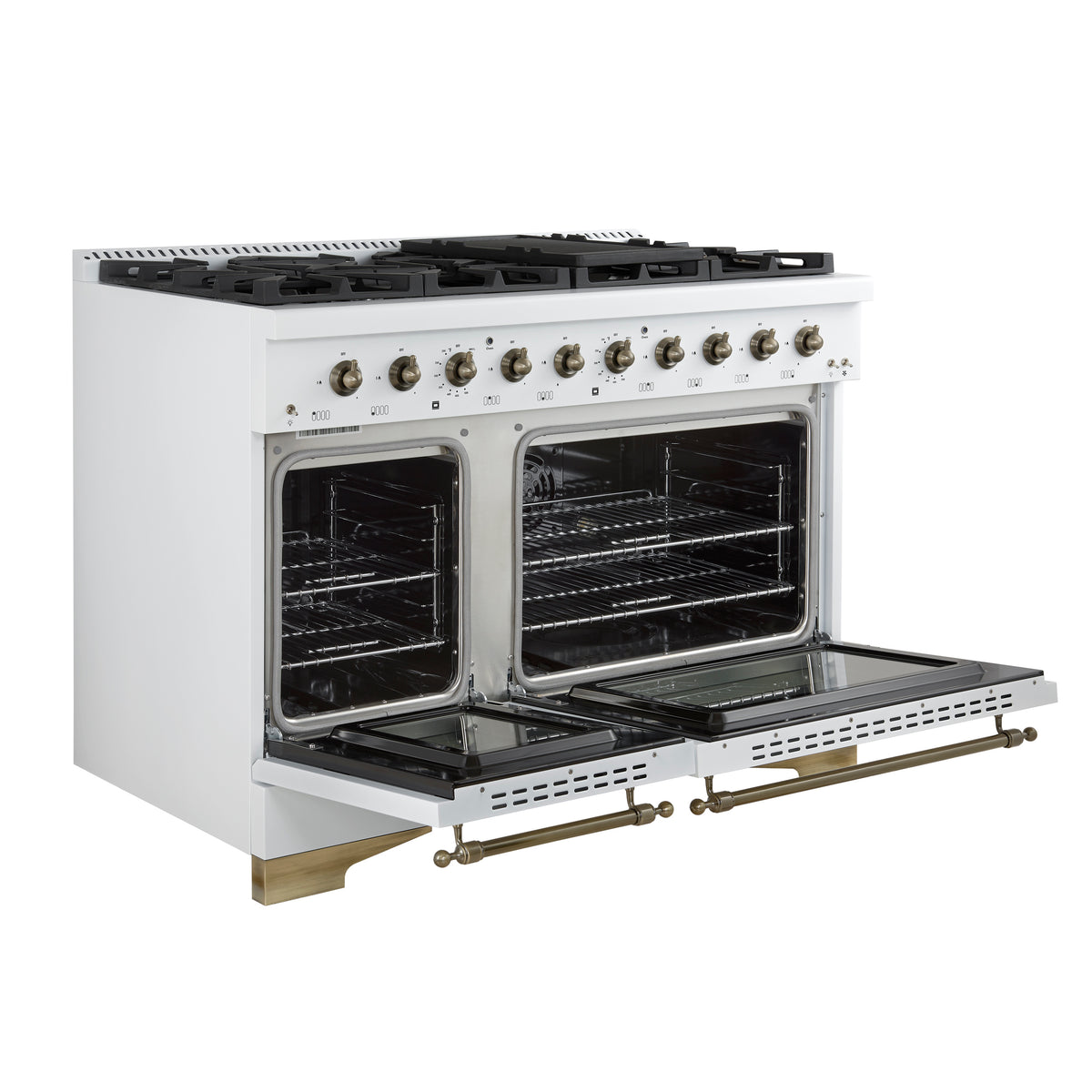 Forno Antico Cuisinière à Double Combustible de 48 Pouces, Blanche avec Finition en Laiton Ancien, 8 Brûleurs, 94 000 BTU, 5,5 pi³ Fours Doubles & Plaque de Cuisson
