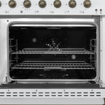 Forno Antico Cuisinière à Double Combustible de 48 Pouces, Blanche avec Finition en Laiton Ancien, 8 Brûleurs, 94 000 BTU, 5,5 pi³ Fours Doubles & Plaque de Cuisson