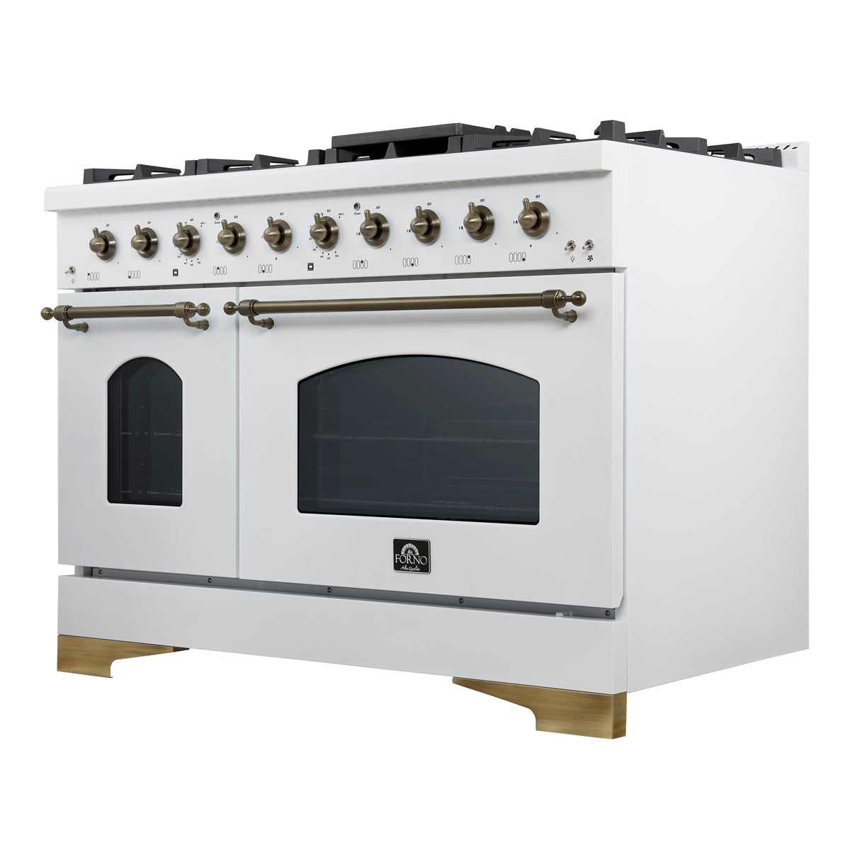 Forno Antico Cuisinière à Double Combustible de 48 Pouces, Blanche avec Finition en Laiton Ancien, 8 Brûleurs, 94 000 BTU, 5,5 pi³ Fours Doubles & Plaque de Cuisson