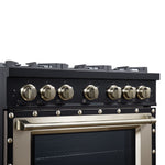 Valente 36" Dual Fuel Range in Black, 6 Sealed Burners, 71 000 BTU Cooktop Output , 5.2 Cu.Ft. convection Oven, Telescopic Racks - BonPrix Électroménagers