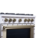 Valente 36" Dual Fuel Range in White, 6 Sealed Burners, 71 000 BTU Cooktop Output , 5.2 Cu.Ft. convection Oven, Telescopic Racks - BonPrix Électroménagers
