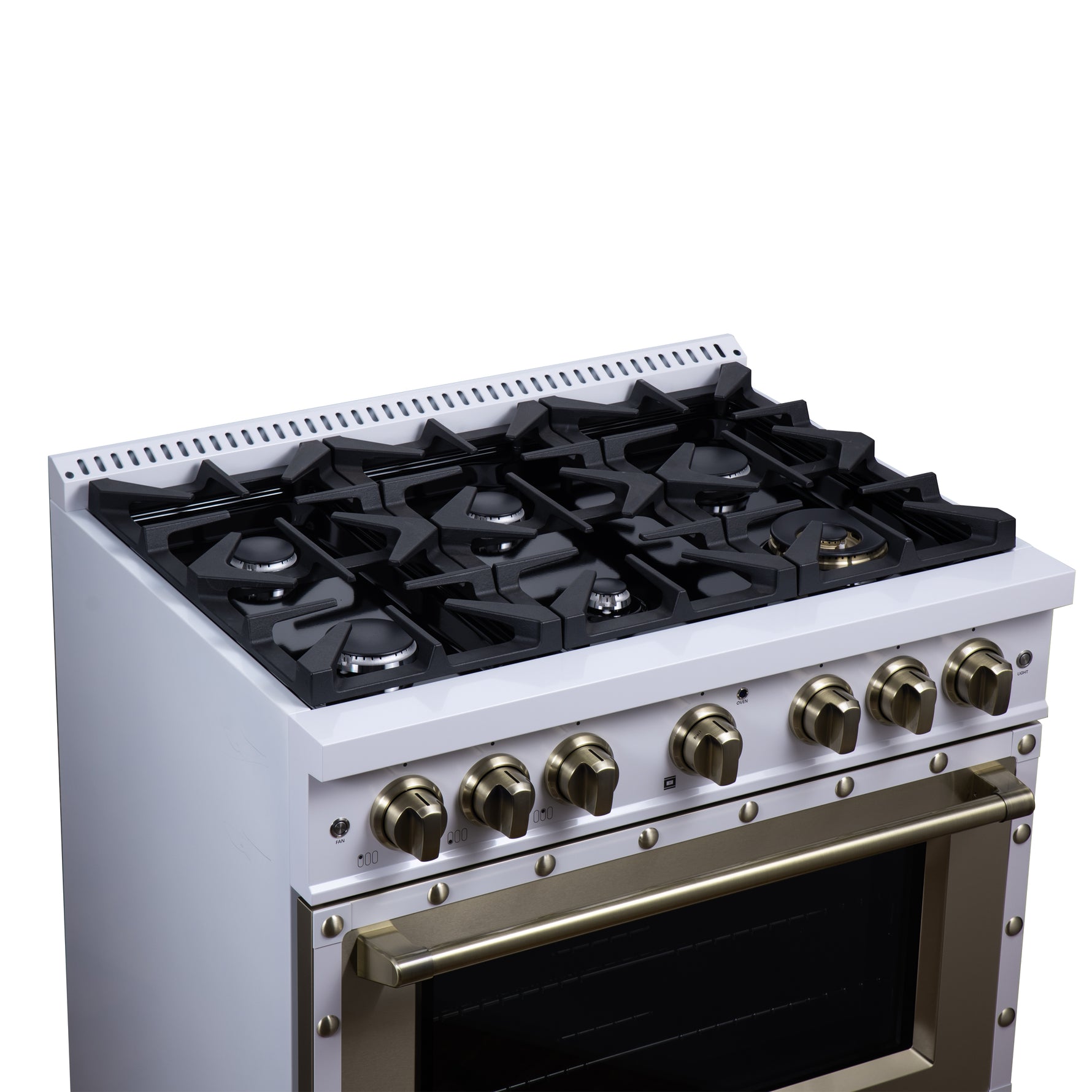 Valente 36" Dual Fuel Range in White, 6 Sealed Burners, 71 000 BTU Cooktop Output , 5.2 Cu.Ft. convection Oven, Telescopic Racks - BonPrix Électroménagers