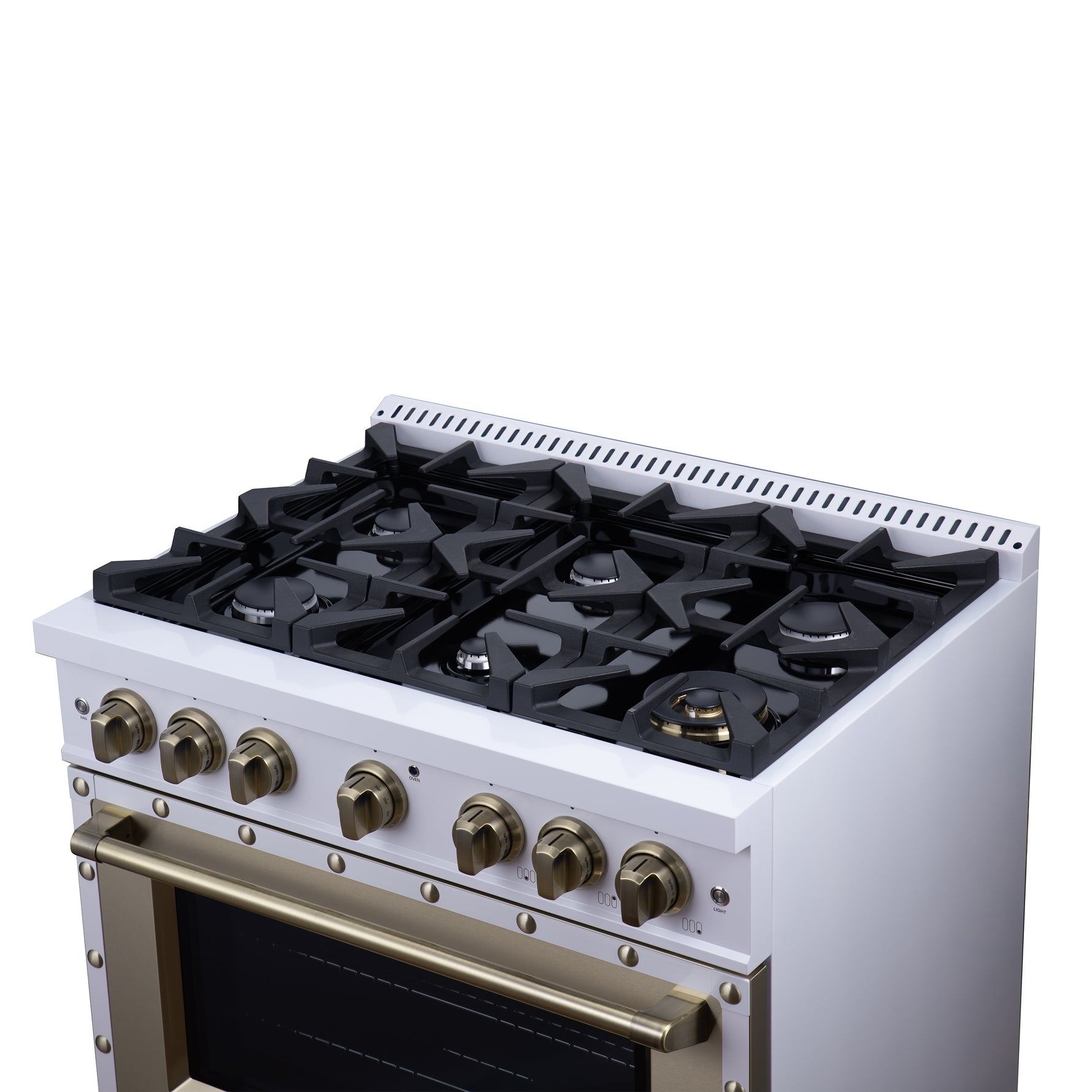 Valente 36" Dual Fuel Range in White, 6 Sealed Burners, 71 000 BTU Cooktop Output , 5.2 Cu.Ft. convection Oven, Telescopic Racks - BonPrix Électroménagers