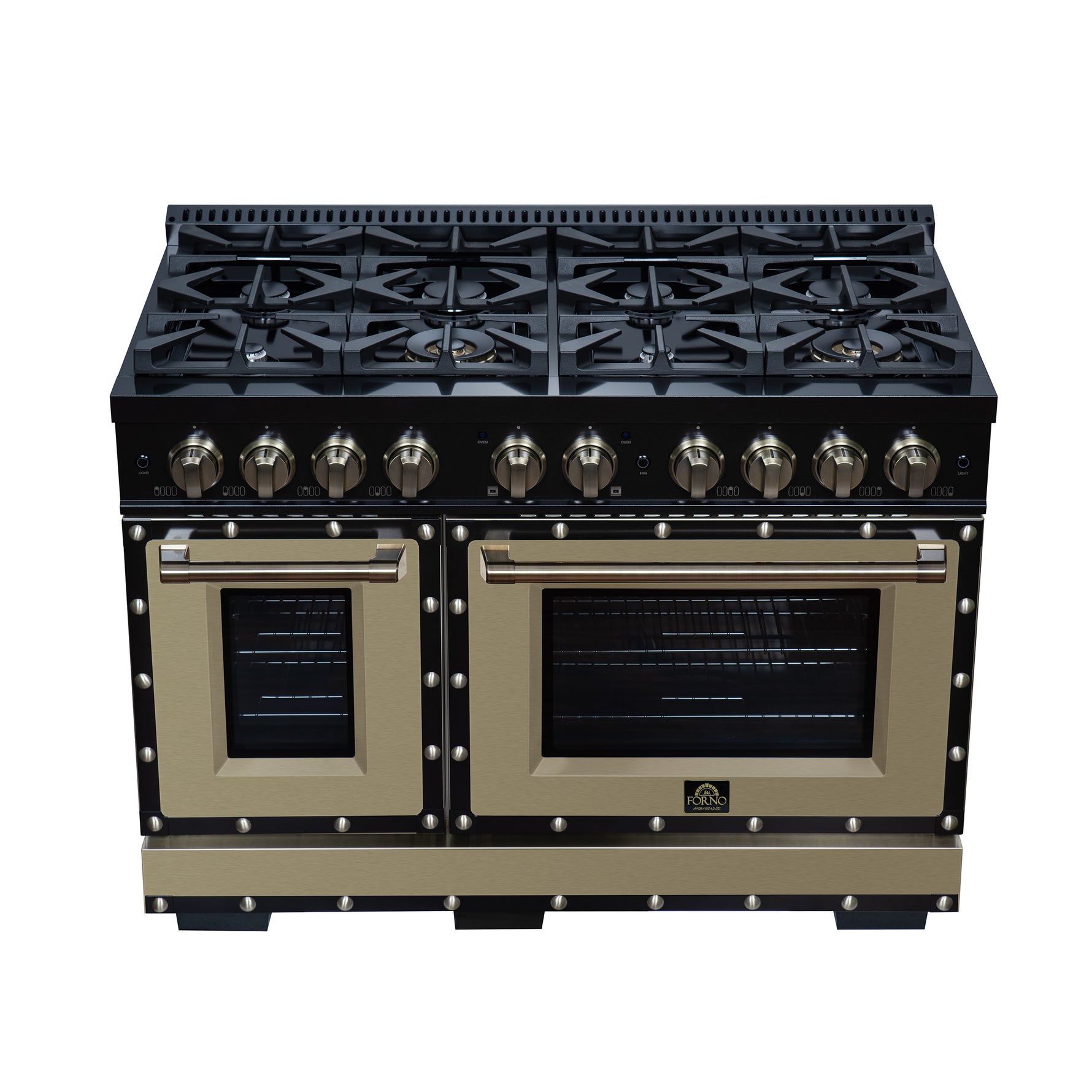 Valente 48" Dual Fuel Range in Black, 8 Sealed Burners, 94 000 BTU Cooktop Output, 6.7 Cu.Ft. Double Oven, Telescopic Racks - BonPrix Électroménagers