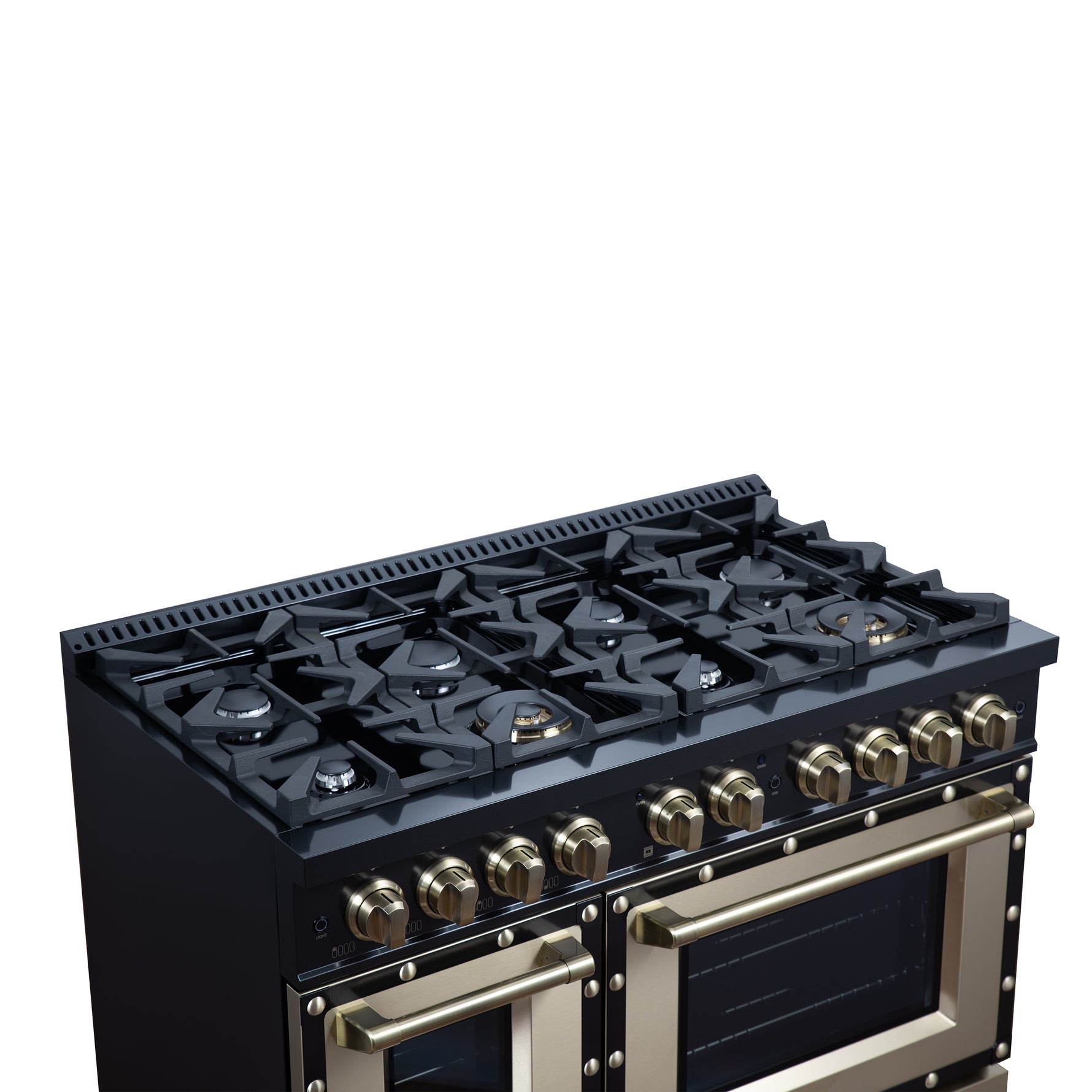 Valente 48" Dual Fuel Range in Black, 8 Sealed Burners, 94 000 BTU Cooktop Output, 6.7 Cu.Ft. Double Oven, Telescopic Racks - BonPrix Électroménagers