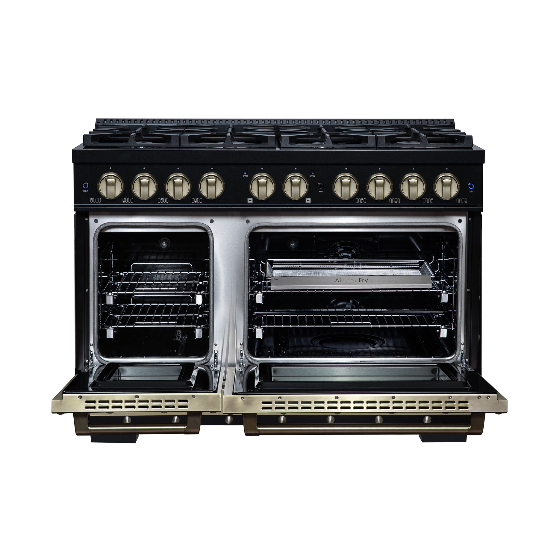 Valente 48" Dual Fuel Range in Black, 8 Sealed Burners, 94 000 BTU Cooktop Output, 6.7 Cu.Ft. Double Oven, Telescopic Racks - BonPrix Électroménagers