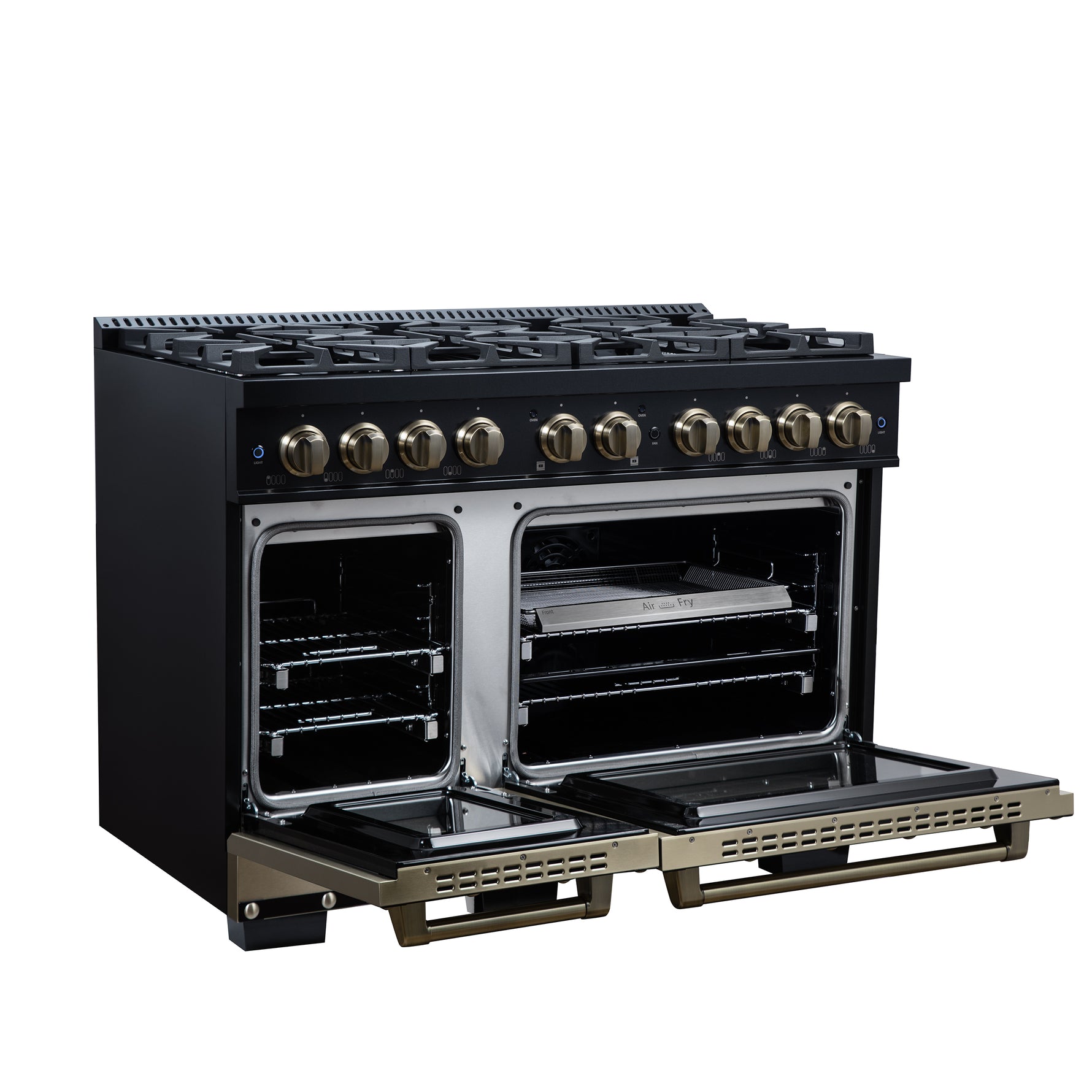 Valente 48" Dual Fuel Range in Black, 8 Sealed Burners, 94 000 BTU Cooktop Output, 6.7 Cu.Ft. Double Oven, Telescopic Racks - BonPrix Électroménagers