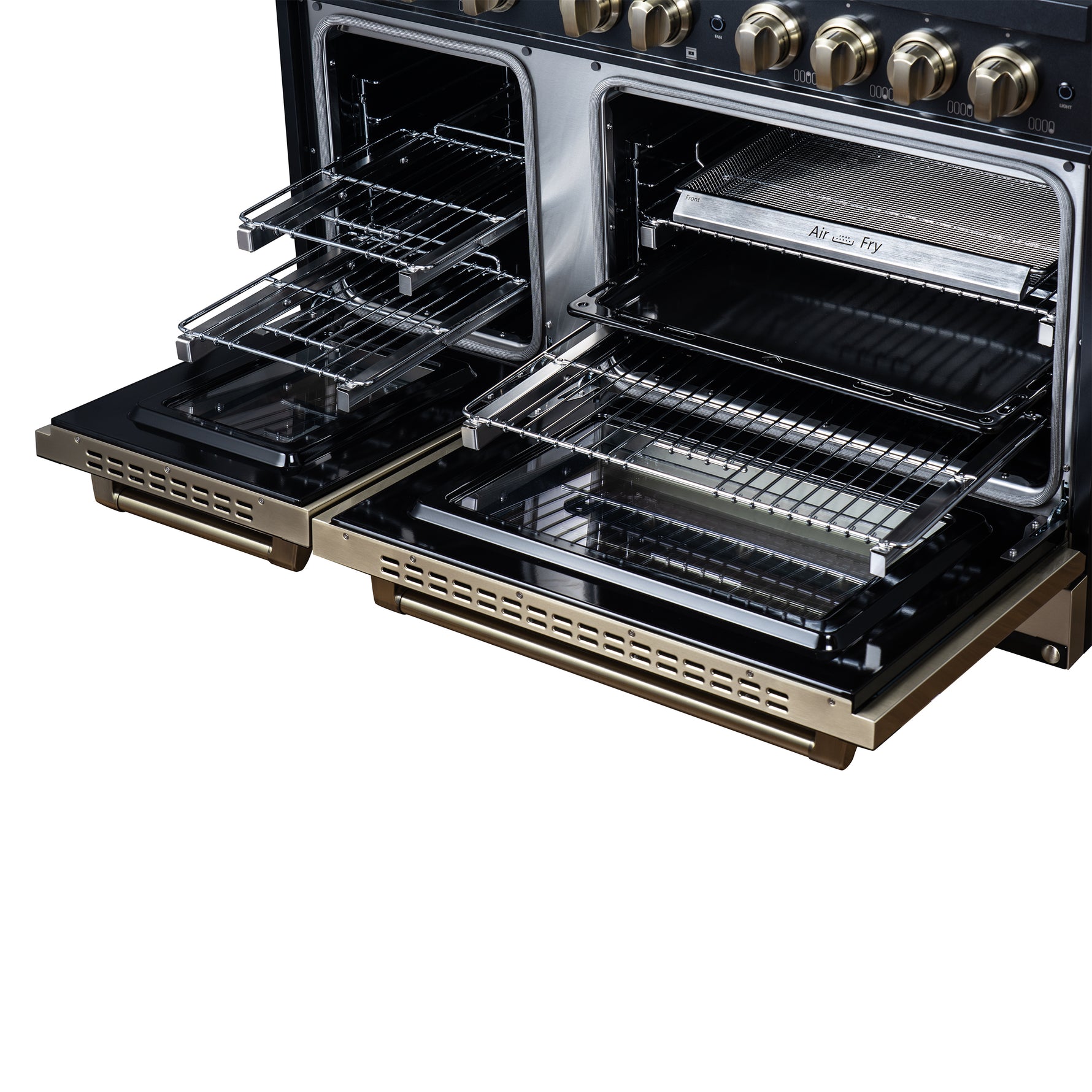 Valente 48" Dual Fuel Range in Black, 8 Sealed Burners, 94 000 BTU Cooktop Output, 6.7 Cu.Ft. Double Oven, Telescopic Racks - BonPrix Électroménagers