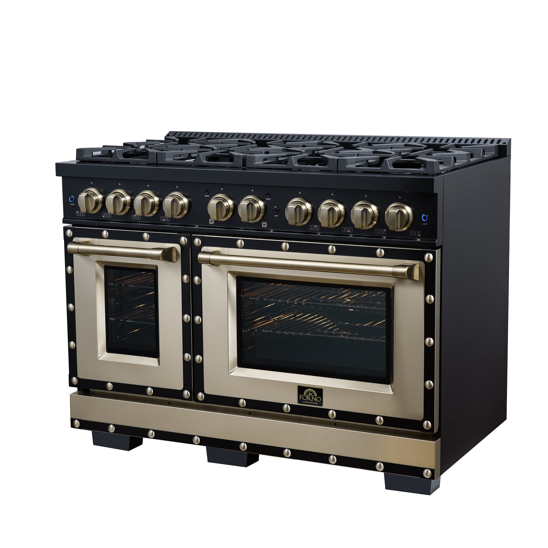 Valente 48" Dual Fuel Range in Black, 8 Sealed Burners, 94 000 BTU Cooktop Output, 6.7 Cu.Ft. Double Oven, Telescopic Racks - BonPrix Électroménagers