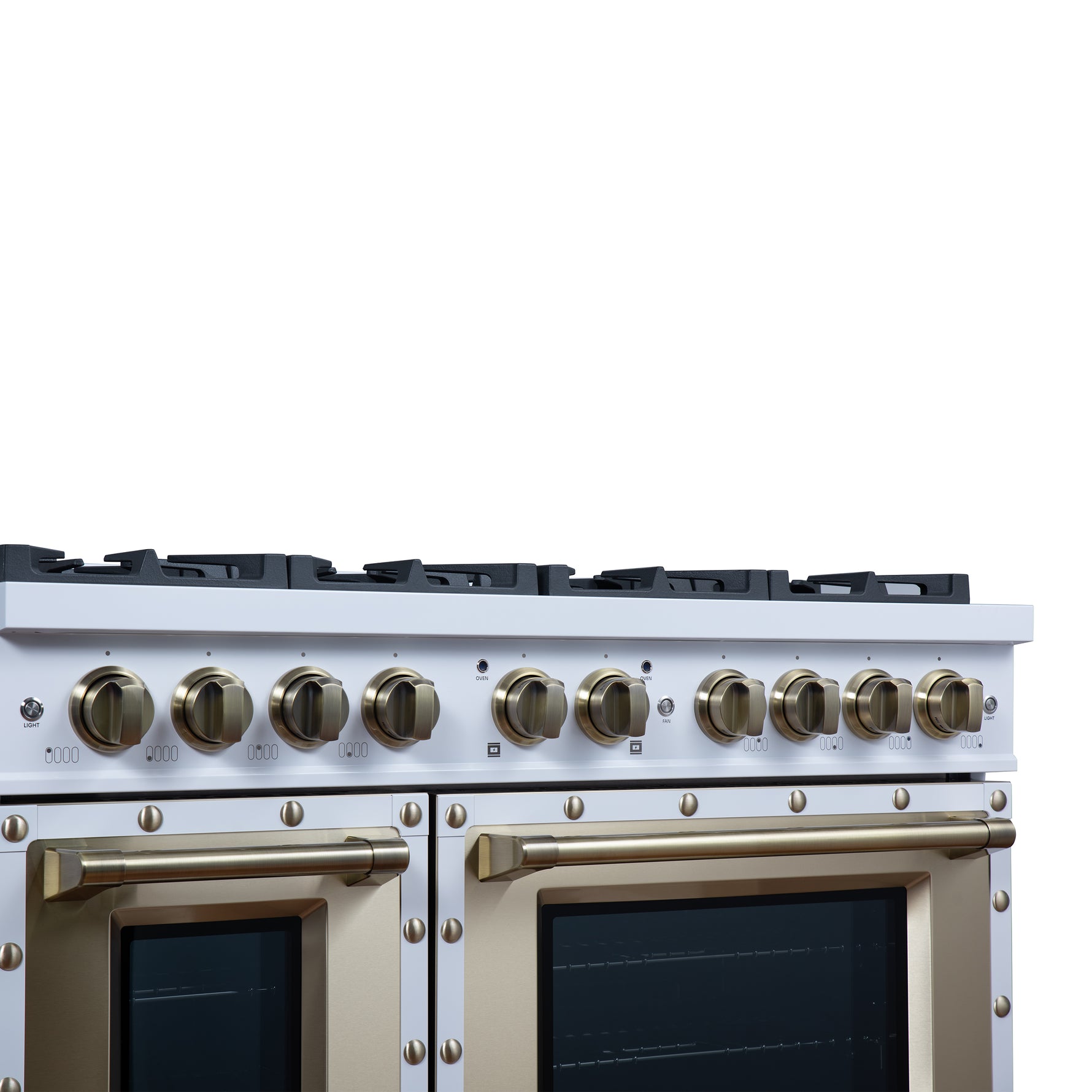 Valente 48" Dual Fuel Range in White, 8 Sealed Burners, 94 000 BTU Cooktop Output, 6.7 Cu.Ft. Double Oven, Telescopic Racks - BonPrix Électroménagers