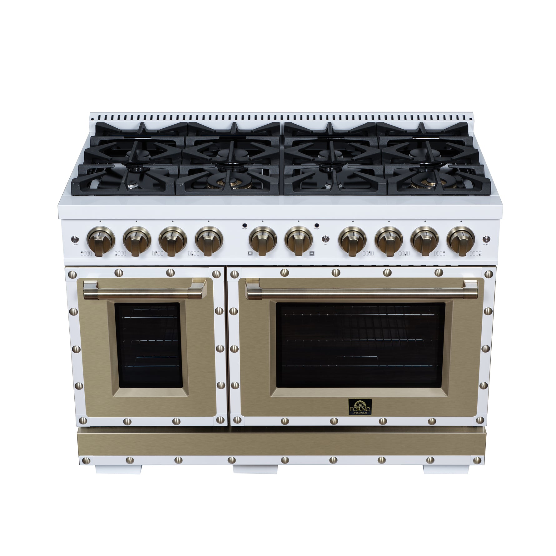 Valente 48" Dual Fuel Range in White, 8 Sealed Burners, 94 000 BTU Cooktop Output, 6.7 Cu.Ft. Double Oven, Telescopic Racks - BonPrix Électroménagers