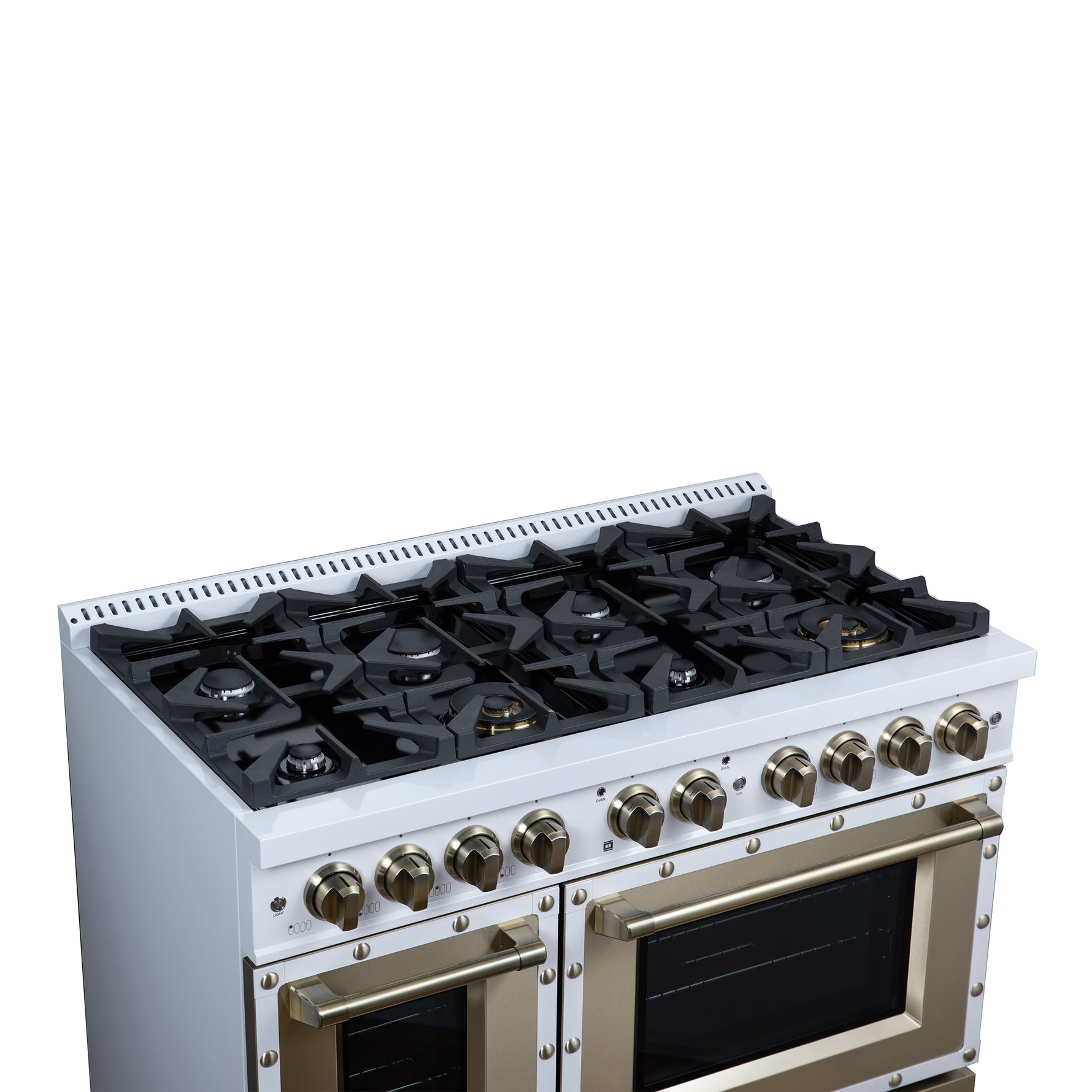 Valente 48" Dual Fuel Range in White, 8 Sealed Burners, 94 000 BTU Cooktop Output, 6.7 Cu.Ft. Double Oven, Telescopic Racks - BonPrix Électroménagers
