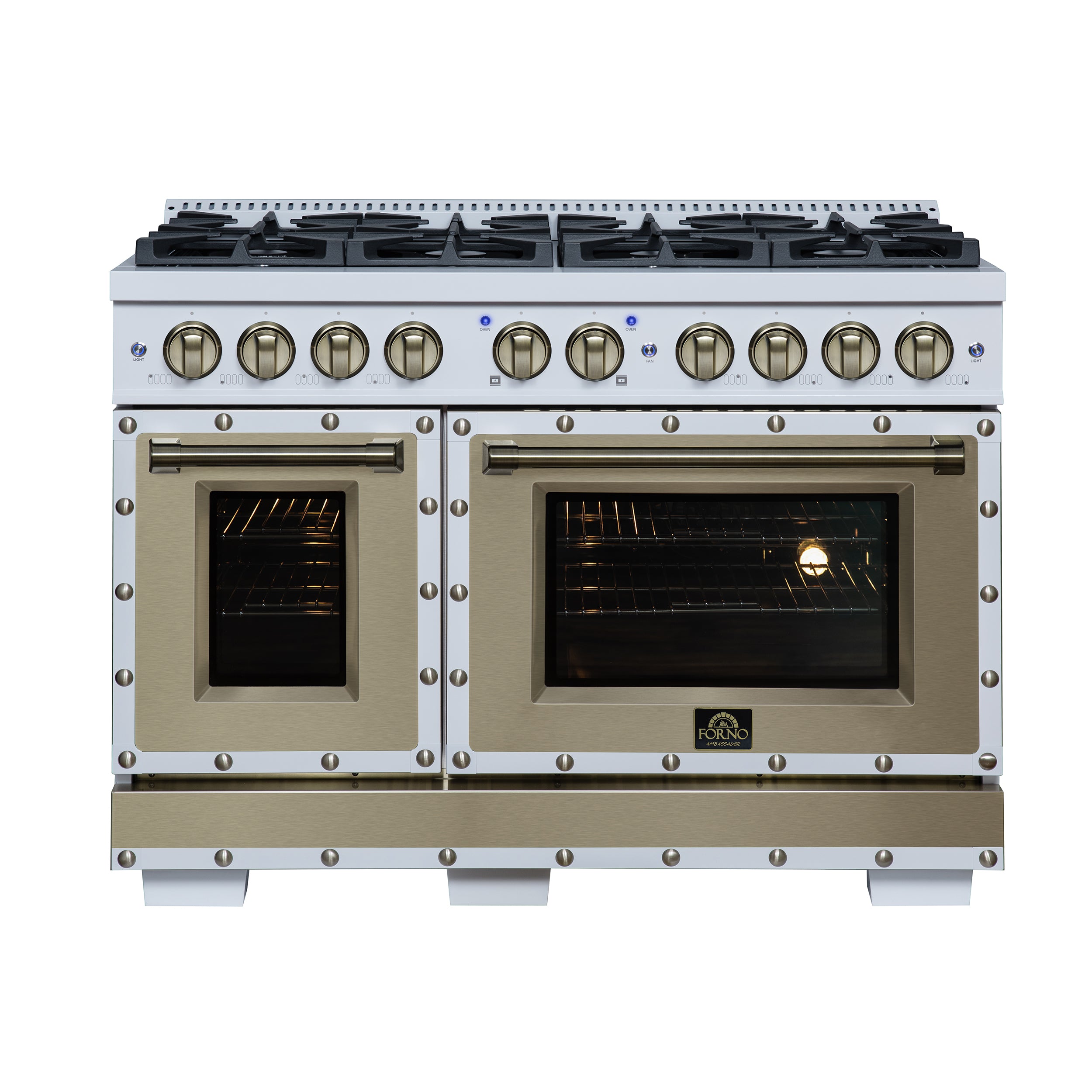 Valente 48" Dual Fuel Range in White, 8 Sealed Burners, 94 000 BTU Cooktop Output, 6.7 Cu.Ft. Double Oven, Telescopic Racks - BonPrix Électroménagers