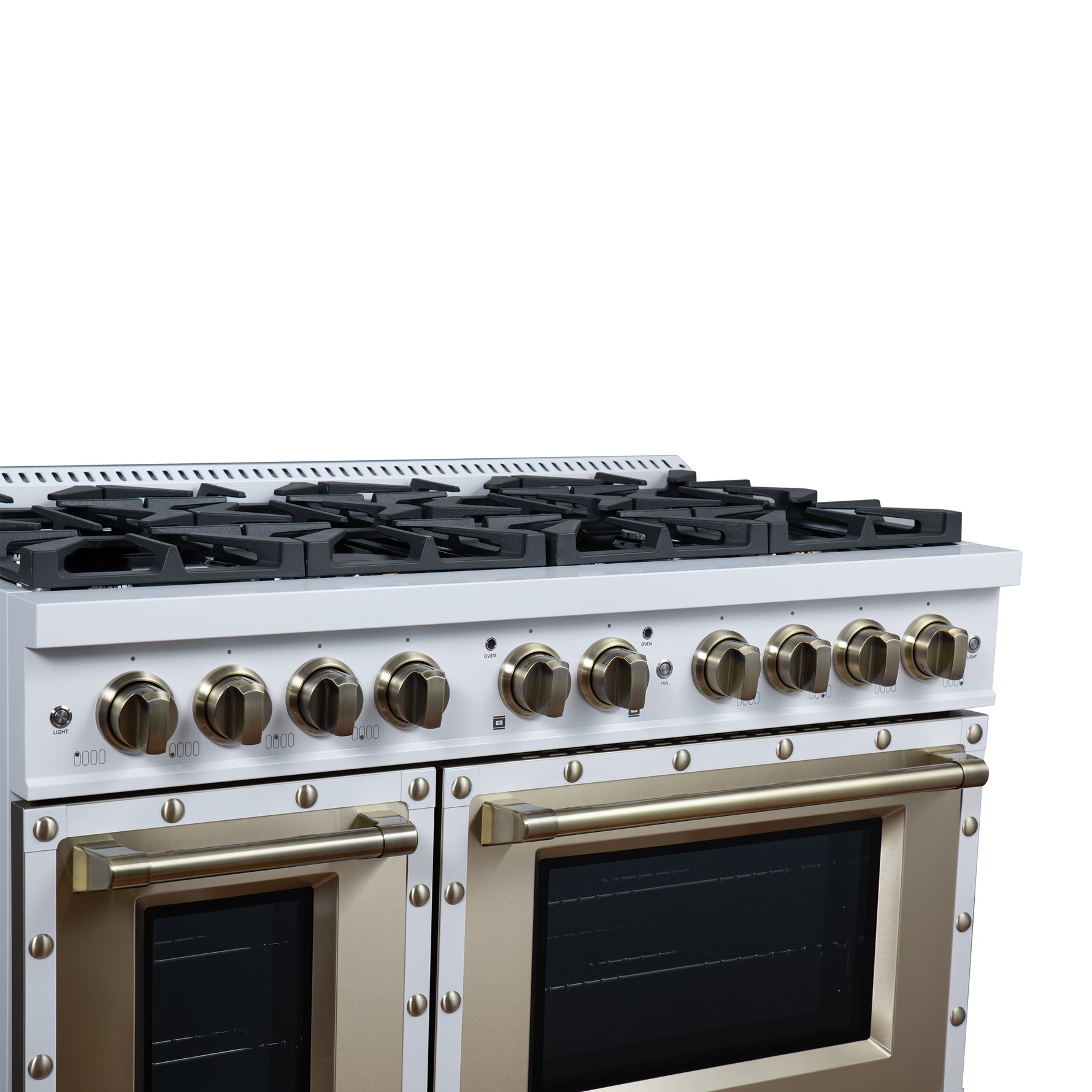 Valente 48" Dual Fuel Range in White, 8 Sealed Burners, 94 000 BTU Cooktop Output, 6.7 Cu.Ft. Double Oven, Telescopic Racks - BonPrix Électroménagers