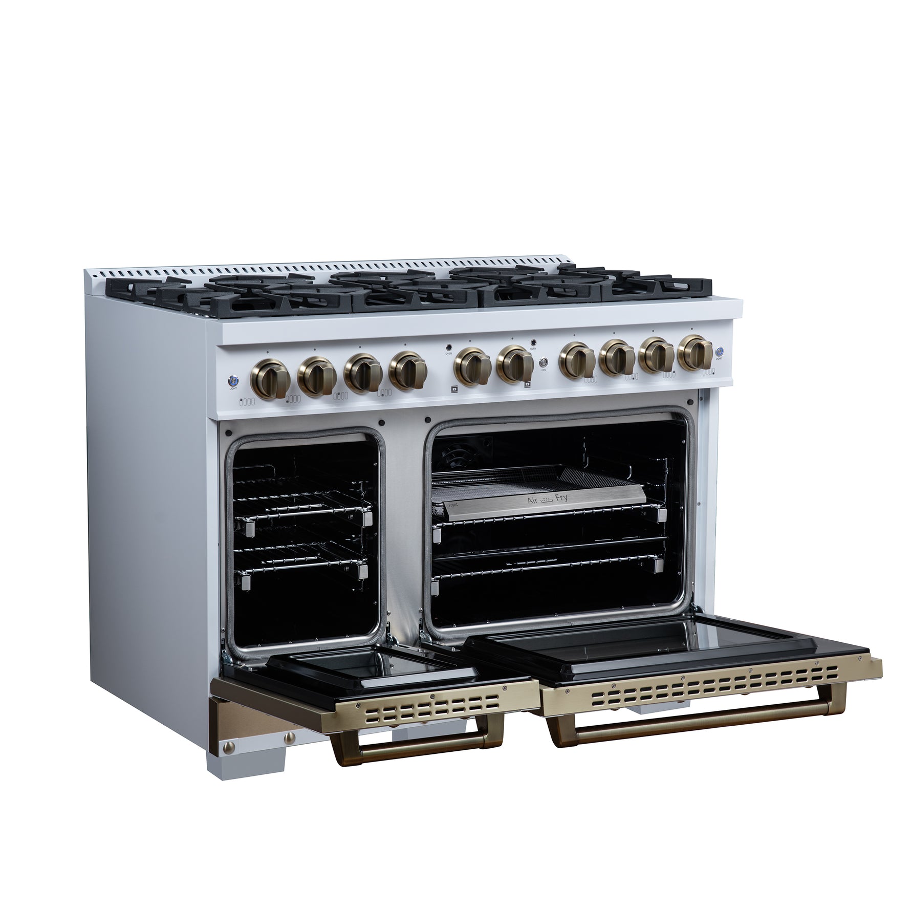 Valente 48" Dual Fuel Range in White, 8 Sealed Burners, 94 000 BTU Cooktop Output, 6.7 Cu.Ft. Double Oven, Telescopic Racks - BonPrix Électroménagers