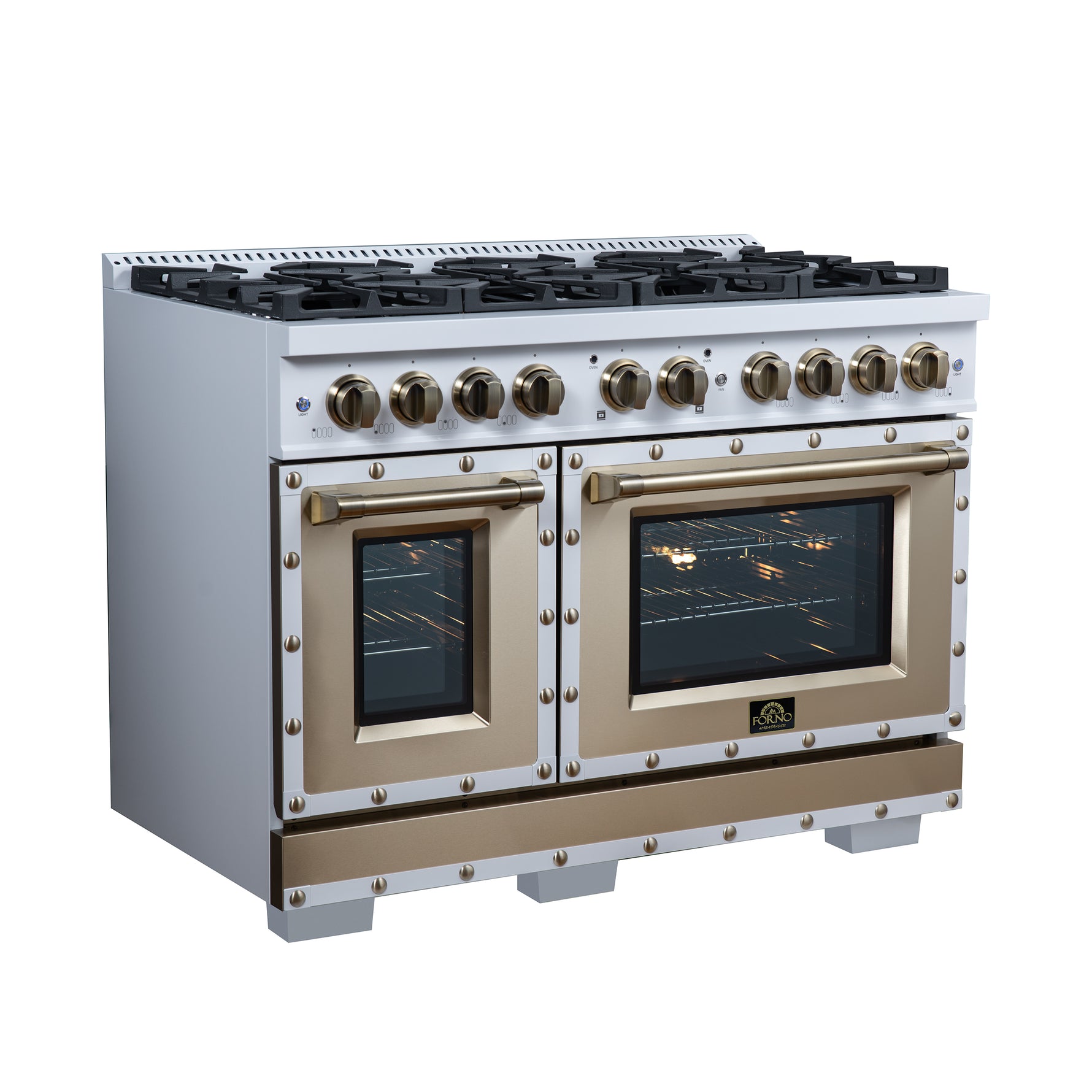 Valente 48" Dual Fuel Range in White, 8 Sealed Burners, 94 000 BTU Cooktop Output, 6.7 Cu.Ft. Double Oven, Telescopic Racks - BonPrix Électroménagers