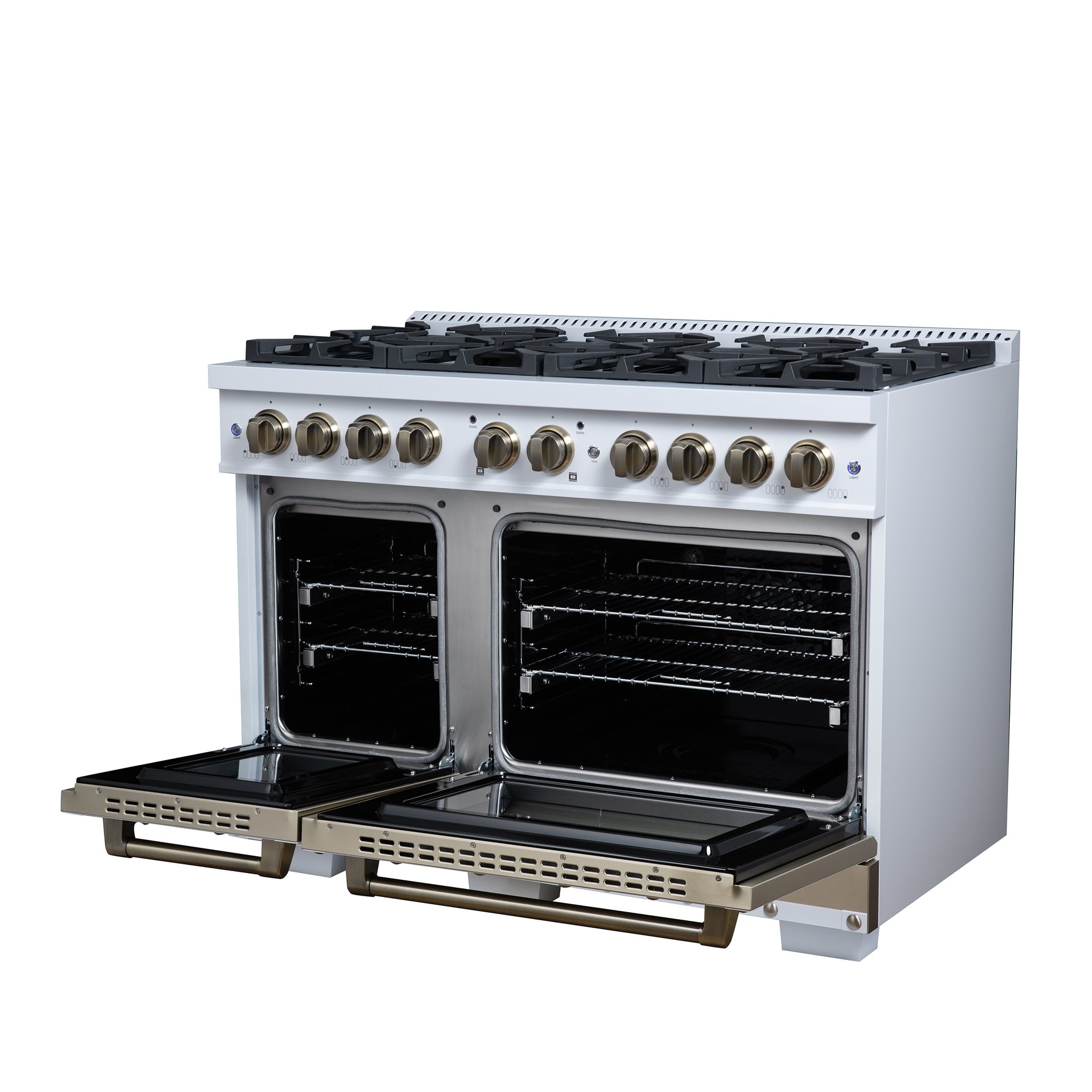 Valente 48" Dual Fuel Range in White, 8 Sealed Burners, 94 000 BTU Cooktop Output, 6.7 Cu.Ft. Double Oven, Telescopic Racks - BonPrix Électroménagers