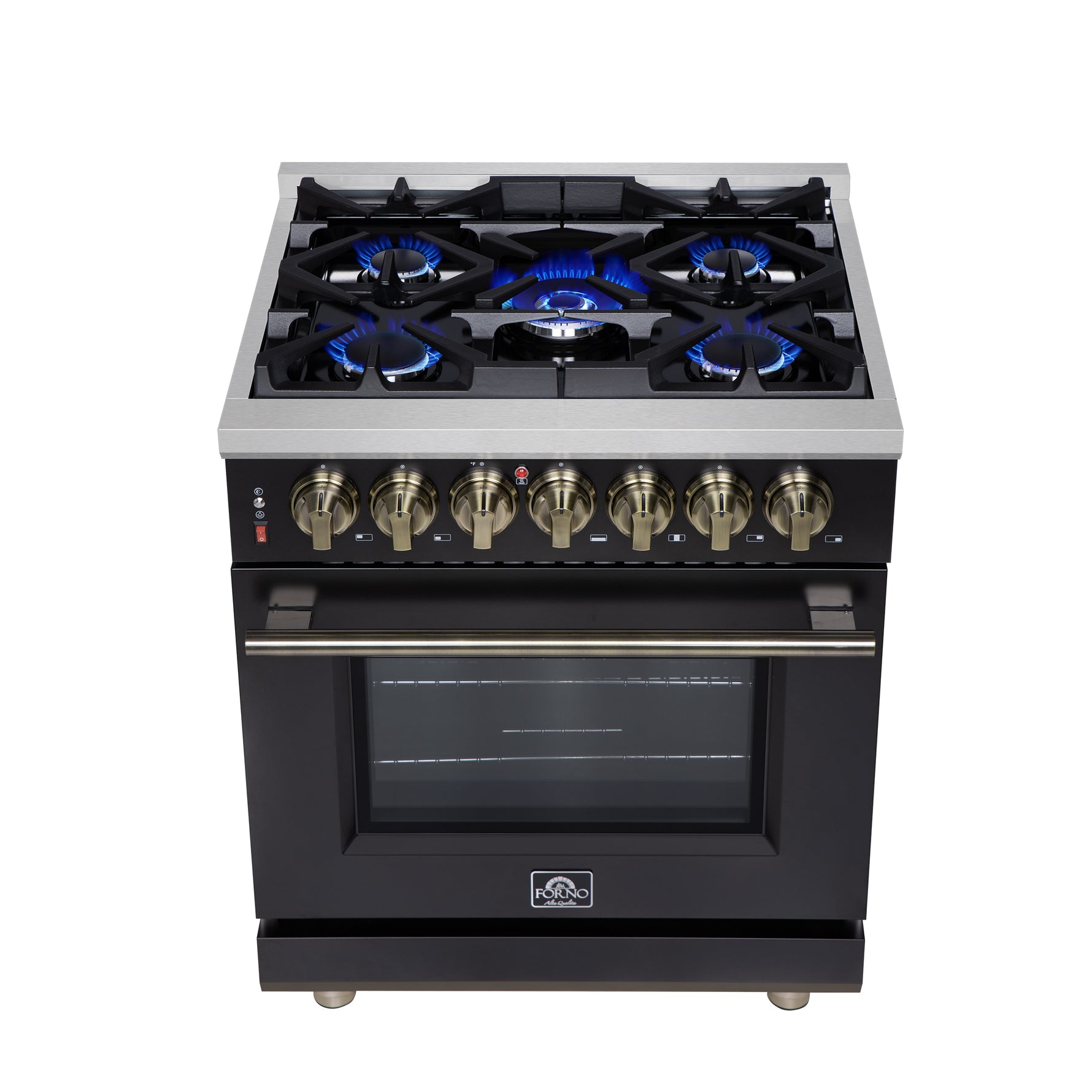 Forno Massimo 30-Inch Freestanding Dual Fuel Range in Black with Antique Brass Accessories, 4 Burners, 4.32 cu. ft. Convection Oven - BonPrix Électroménagers