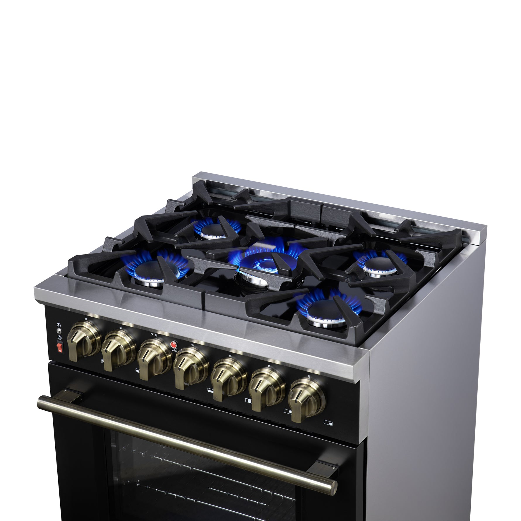 Forno Massimo 30-Inch Freestanding Dual Fuel Range in Black with Antique Brass Accessories, 4 Burners, 4.32 cu. ft. Convection Oven - BonPrix Électroménagers