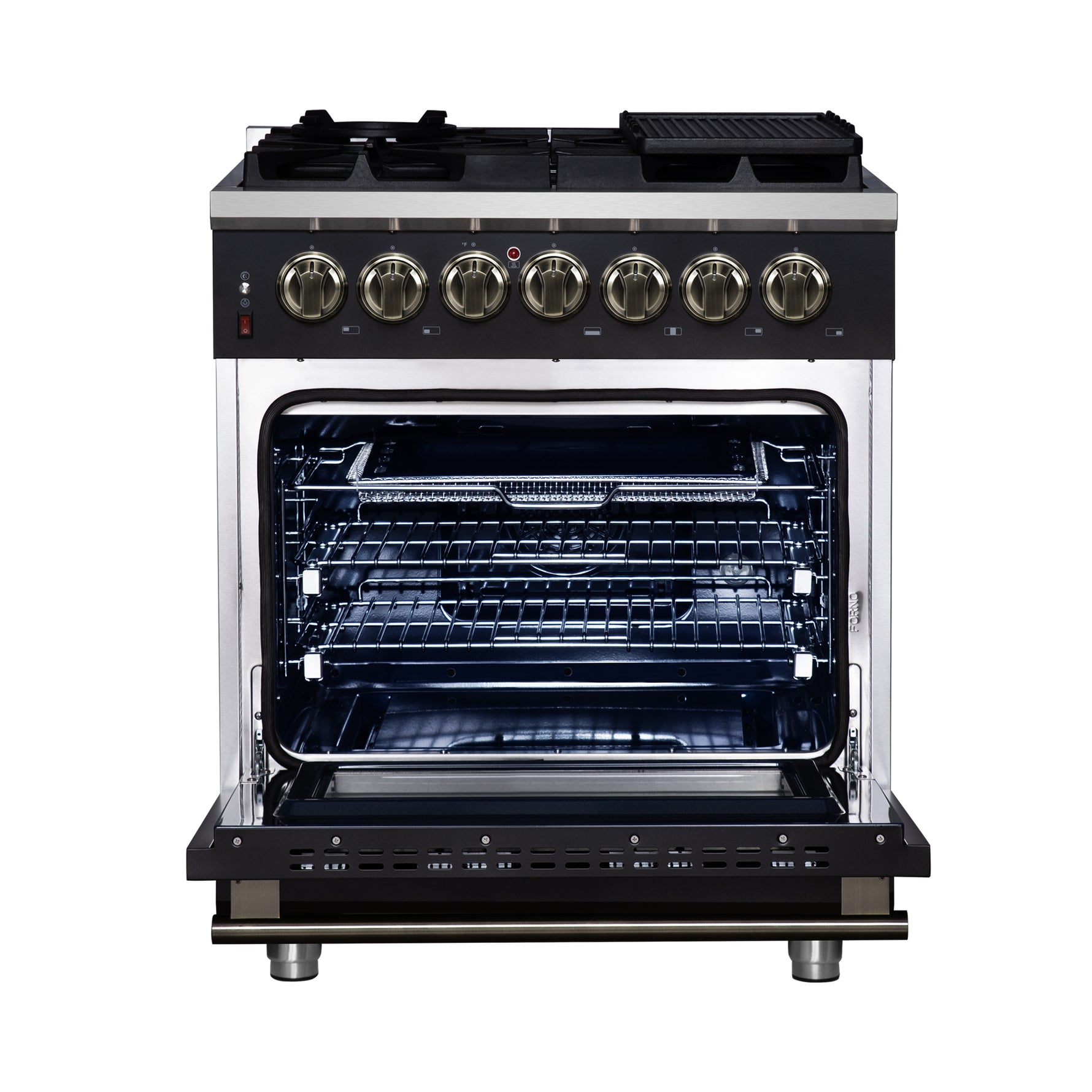 Forno Massimo 30-Inch Freestanding Dual Fuel Range in Black with Antique Brass Accessories, 4 Burners, 4.32 cu. ft. Convection Oven - BonPrix Électroménagers