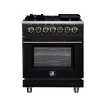 Forno Massimo 30-Inch Freestanding Dual Fuel Range in Black with Antique Brass Accessories, 4 Burners, 4.32 cu. ft. Convection Oven - BonPrix Électroménagers