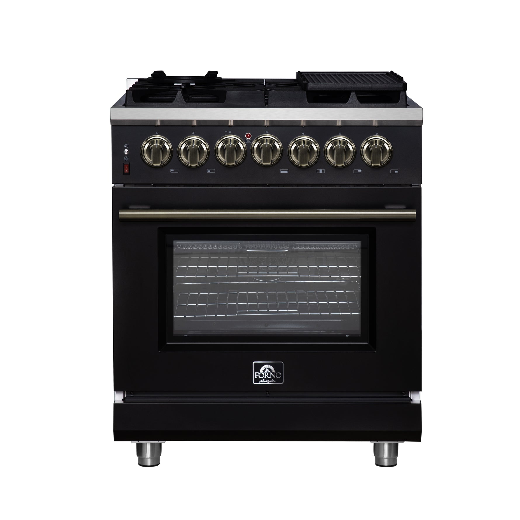 Forno Massimo 30-Inch Freestanding Dual Fuel Range in Black with Antique Brass Accessories, 4 Burners, 4.32 cu. ft. Convection Oven - BonPrix Électroménagers