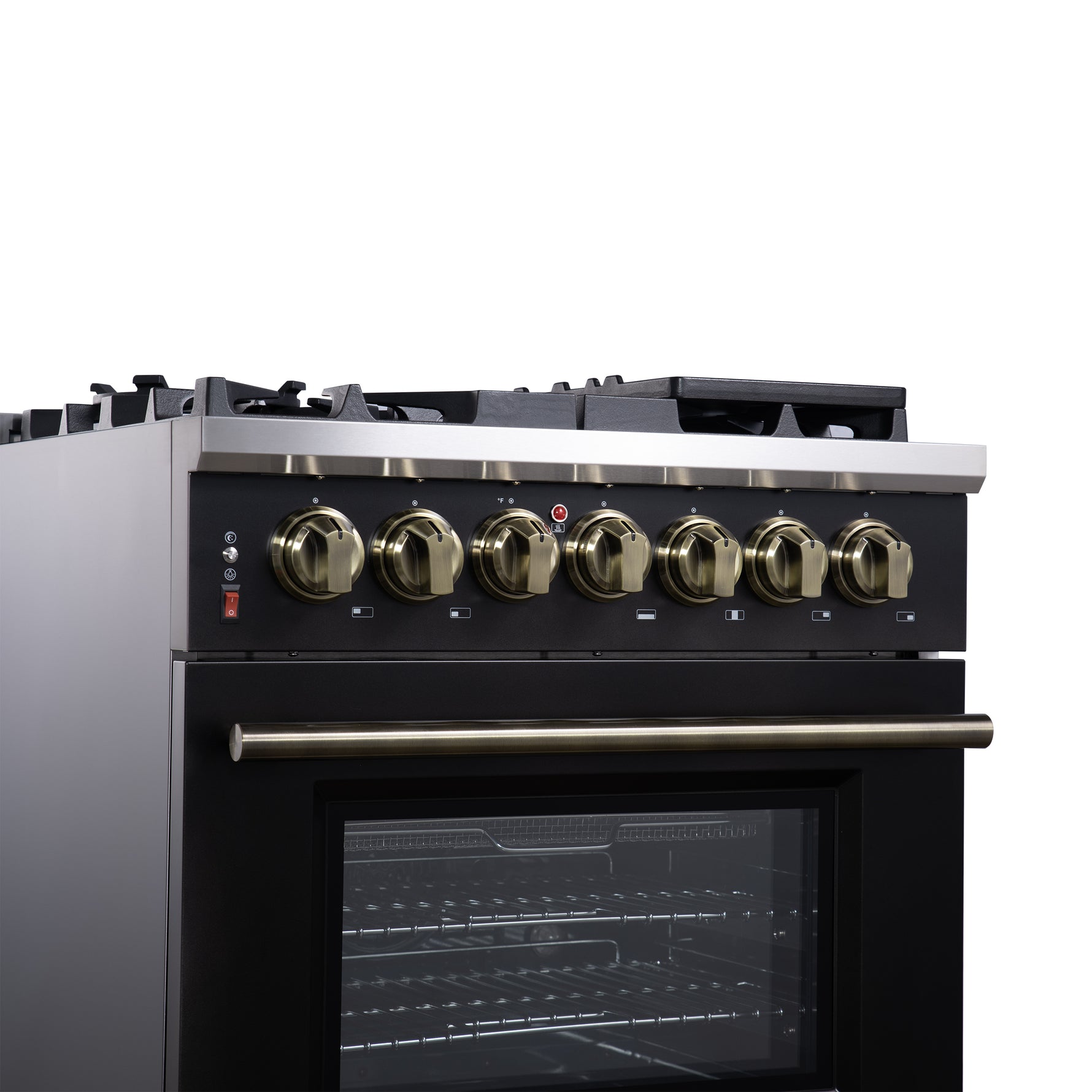 Forno Massimo 30-Inch Freestanding Dual Fuel Range in Black with Antique Brass Accessories, 4 Burners, 4.32 cu. ft. Convection Oven - BonPrix Électroménagers