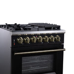 Forno Massimo 30-Inch Freestanding Dual Fuel Range in Black with Antique Brass Accessories, 4 Burners, 4.32 cu. ft. Convection Oven - BonPrix Électroménagers